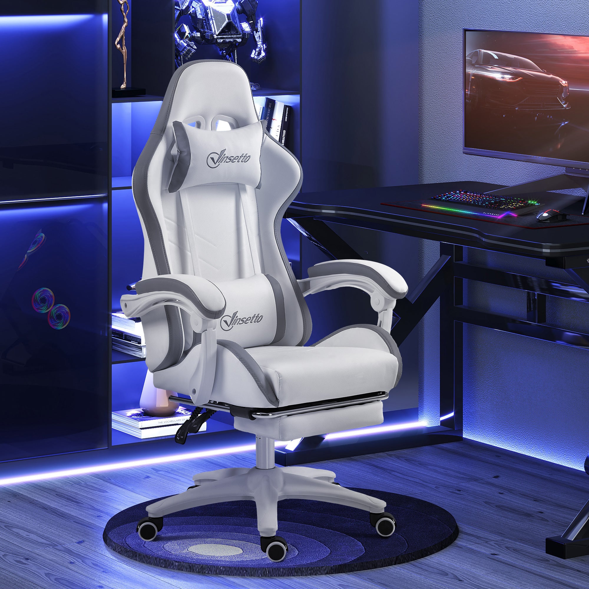 Computer Gaming Chair, PU Leather Desk Chair with Footrest, Swivel Task Chair with 135° Reclining Back and Lumbar Support, PC Chair for Adults, White and Grey