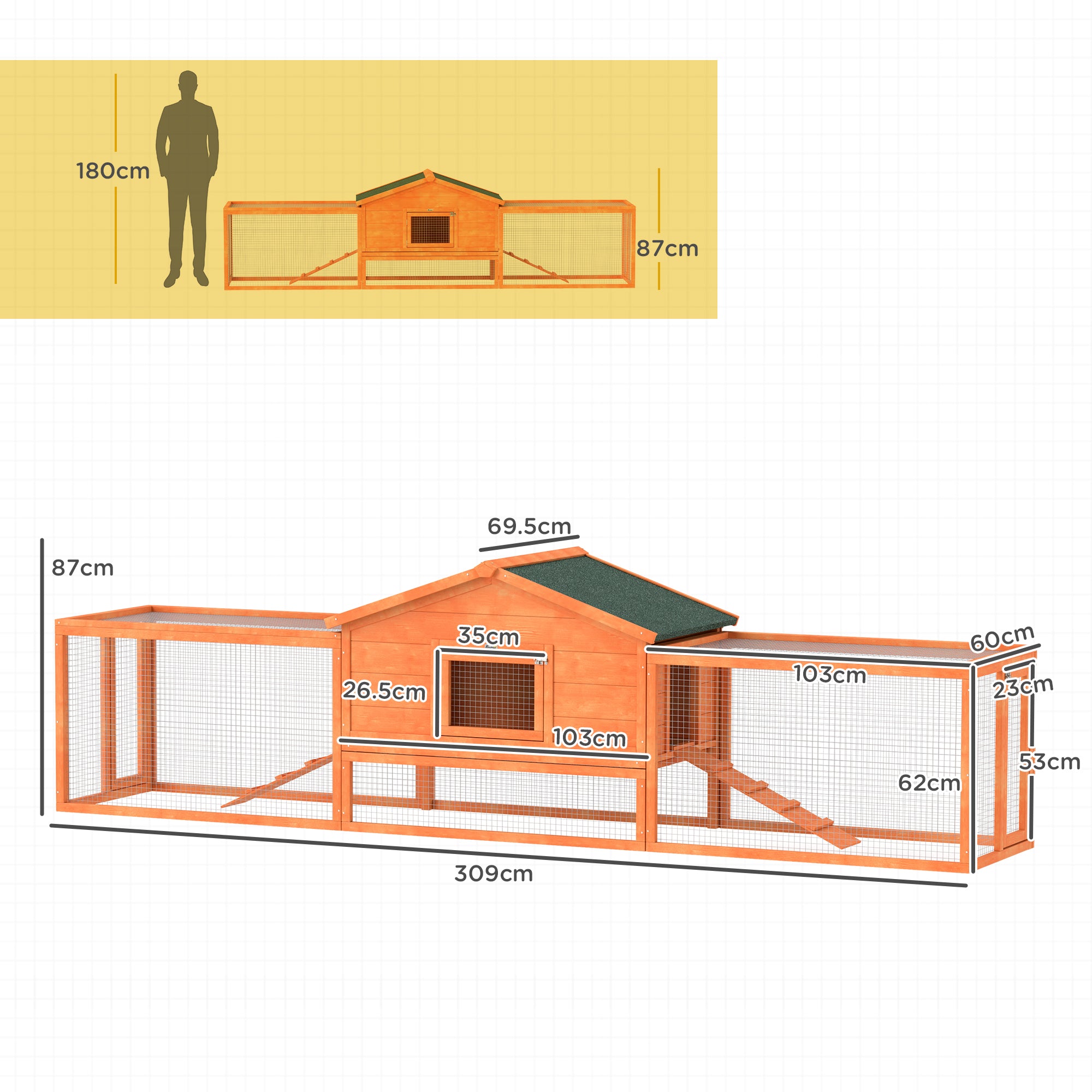 Wooden Rabbit Hutch with Run, Tray, Ramps, Asphalt Roof, 309 x 70 x 87cm, Orange