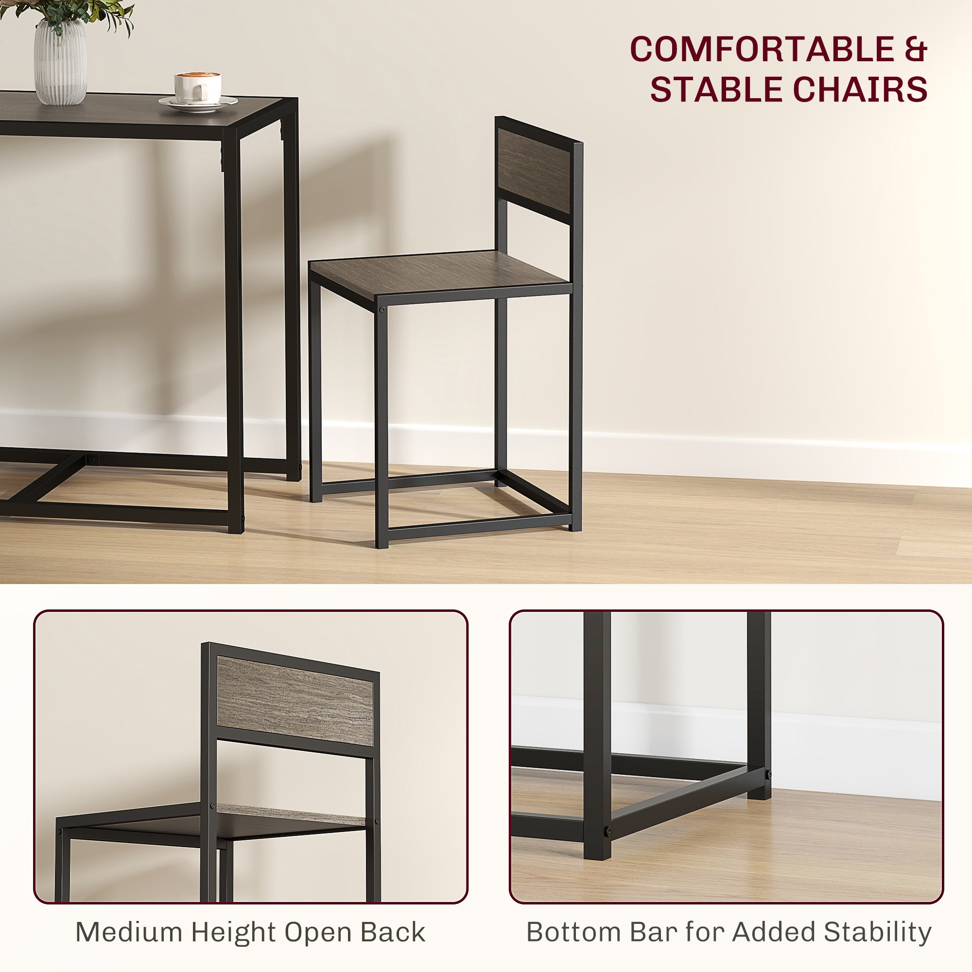 Dining Table and 2 Chairs Set Space-Saving Rectangular Compact Kitchen - Grey Wood-Effect