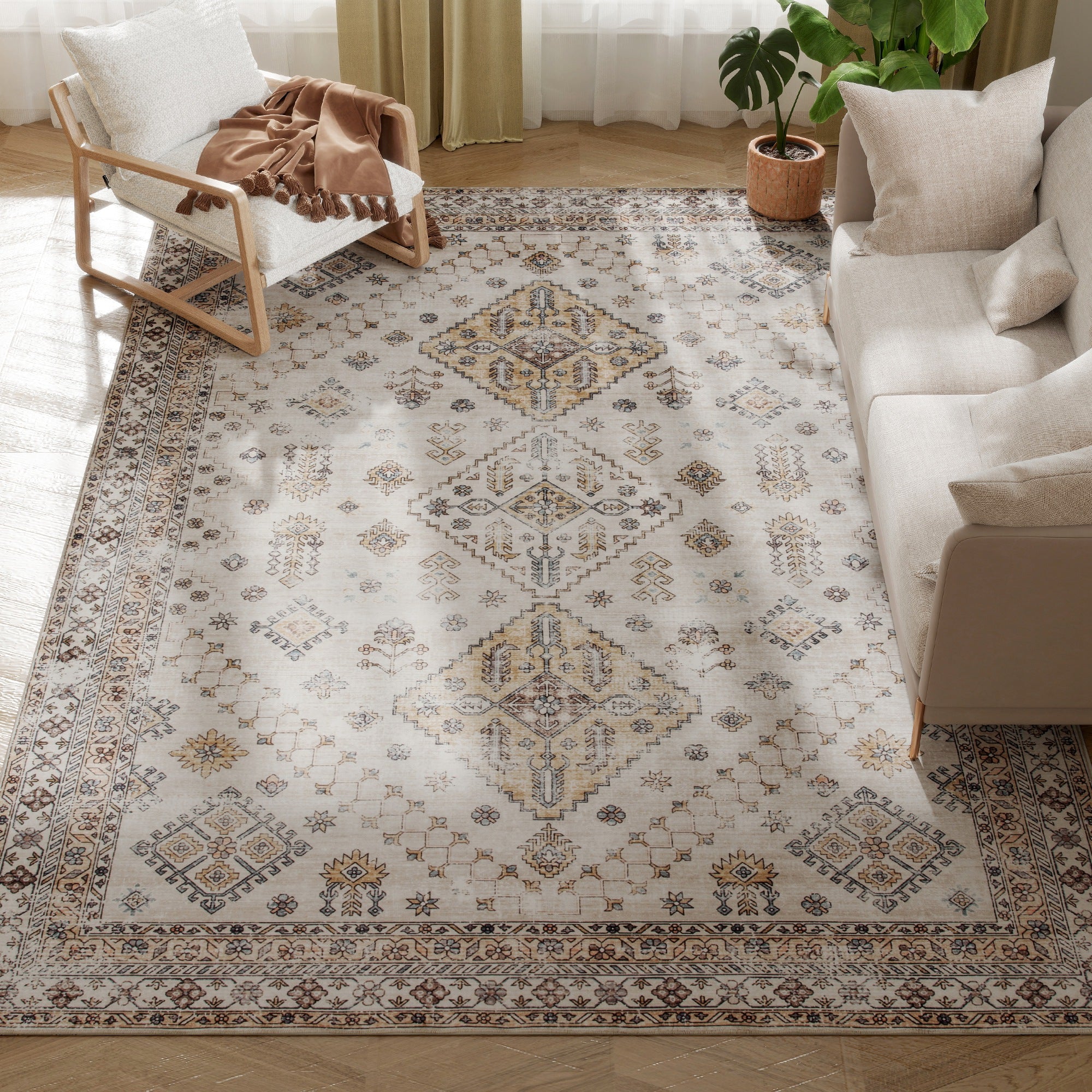 Vintage Area Rug, Non-Slip Washable Rug, Flannel Floor Carpet for Living Room, Bedroom, Dining Room, Home Office, 290 x 200 cm, Beige