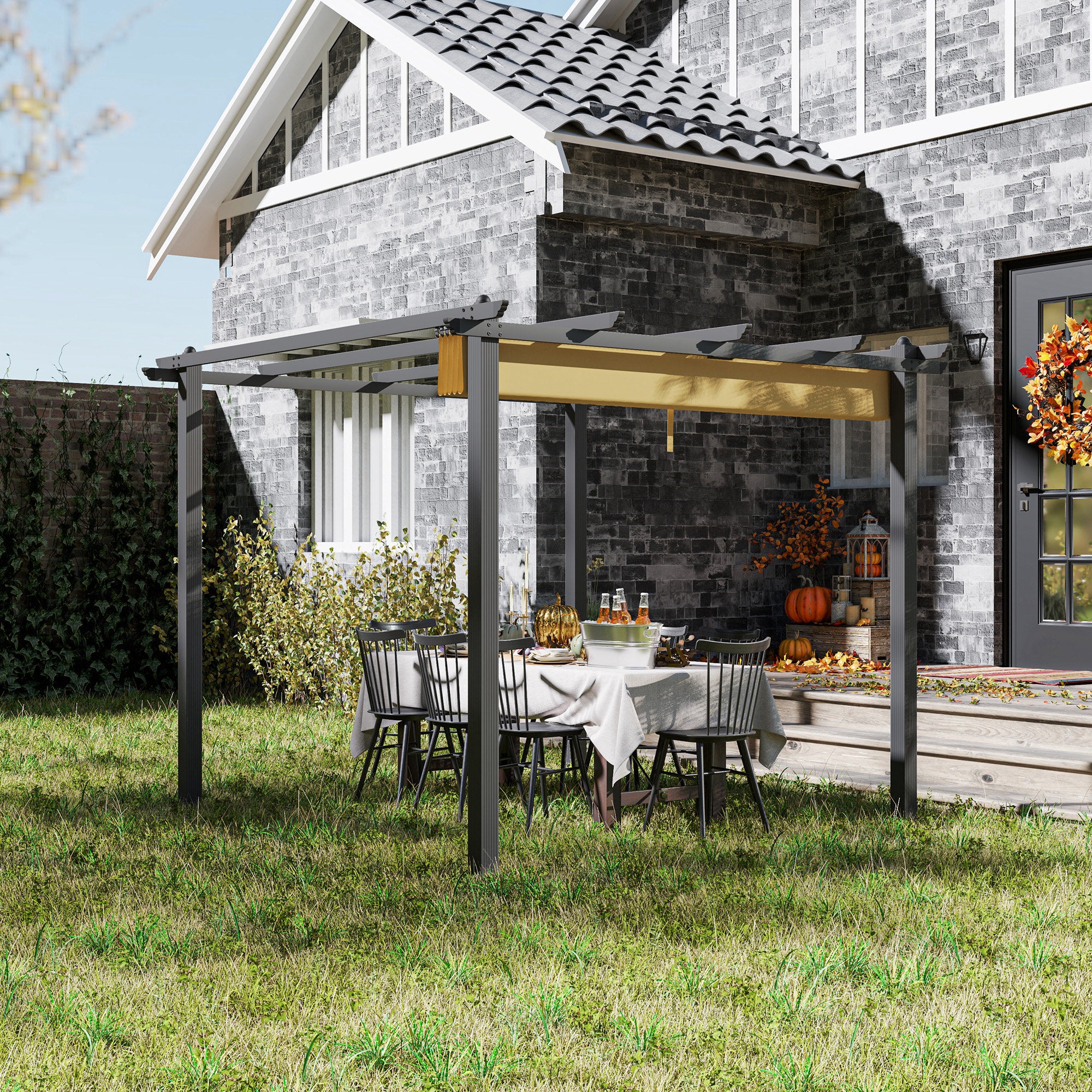 3 x 3m Aluminium Pergola with Retractable Roof - Khaki