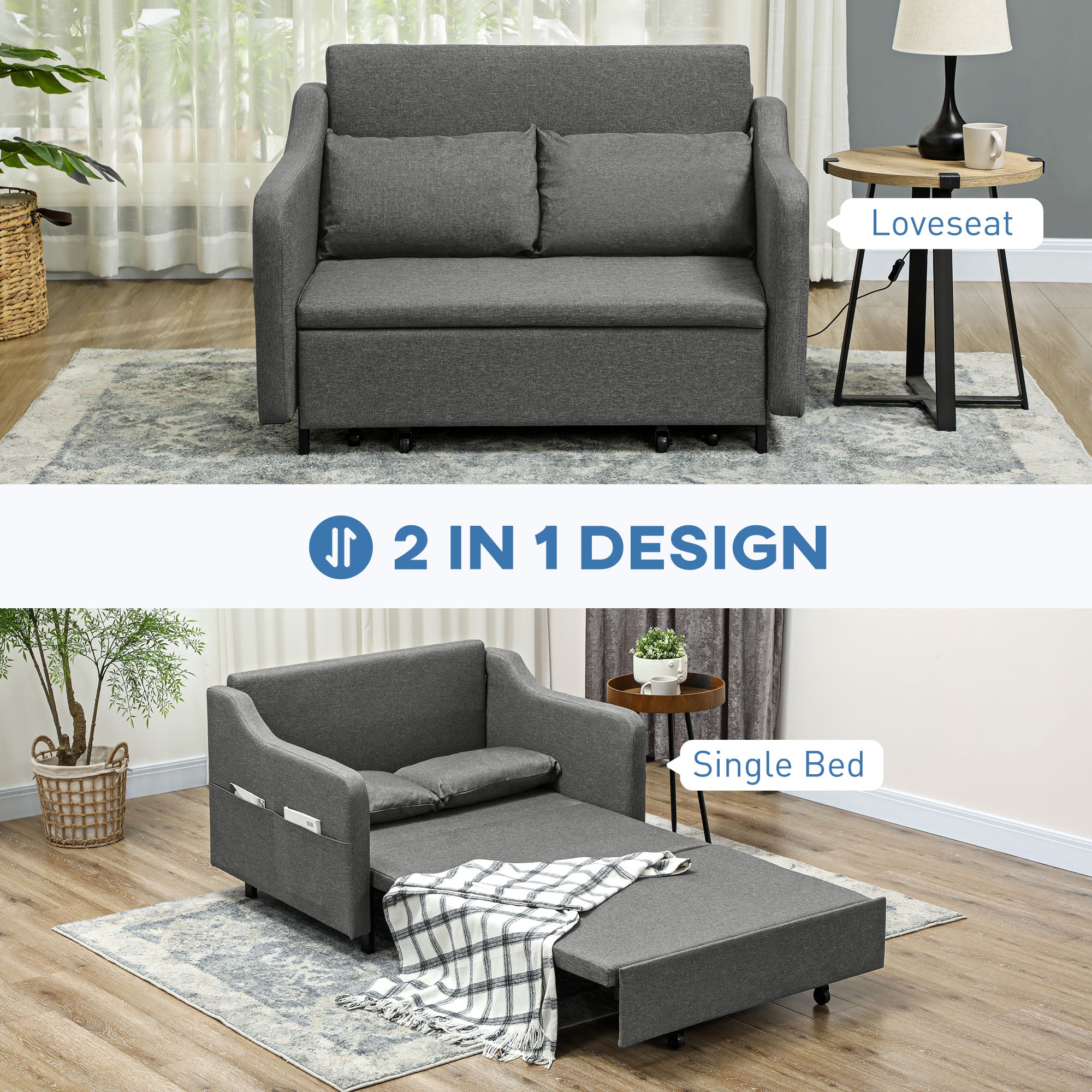 Two-Seater Pull-Out Sofa Bed with Pillows and Storage Pockets - Grey
