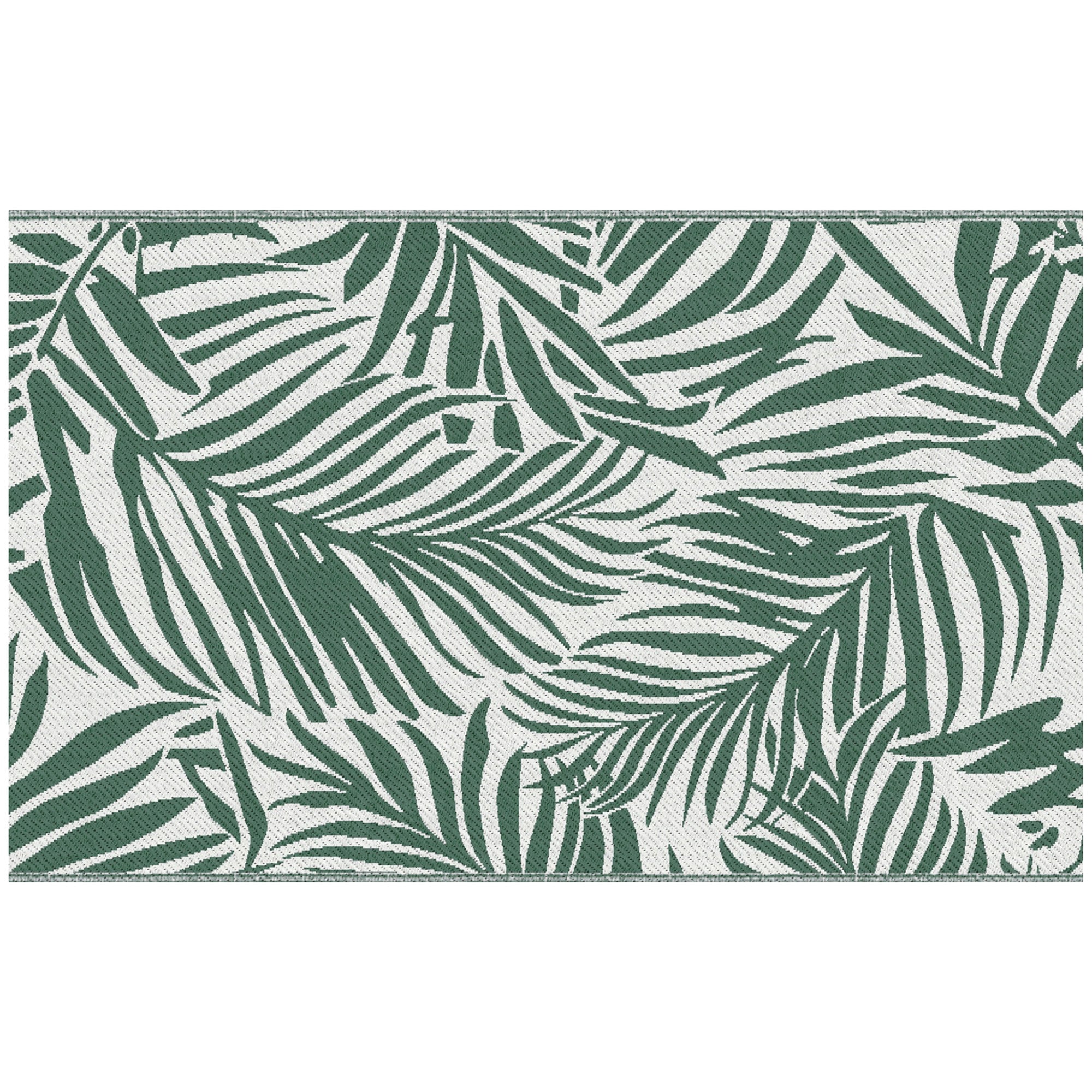 Reversible Outdoor RV Rug, 1.5 x 2.4m Patio Floor Mat, Waterproof Plastic Straw Rug for Garden, Deck, Picnic, Beach, Camping, Green Leaves, Green and White