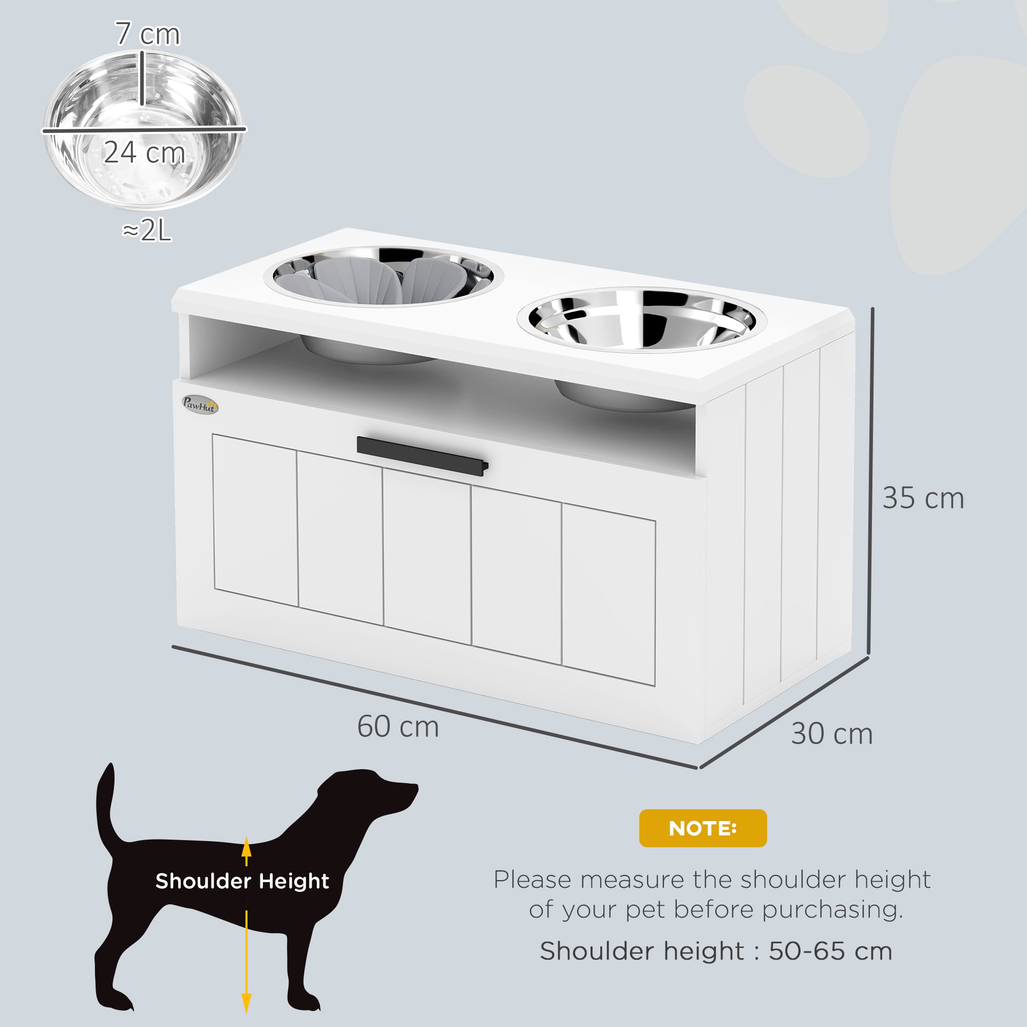 Raised Dog Bowl with Slow Feeder and Drawer, Two Stainless Steel Bowls for Large & Extra Large Dogs - White