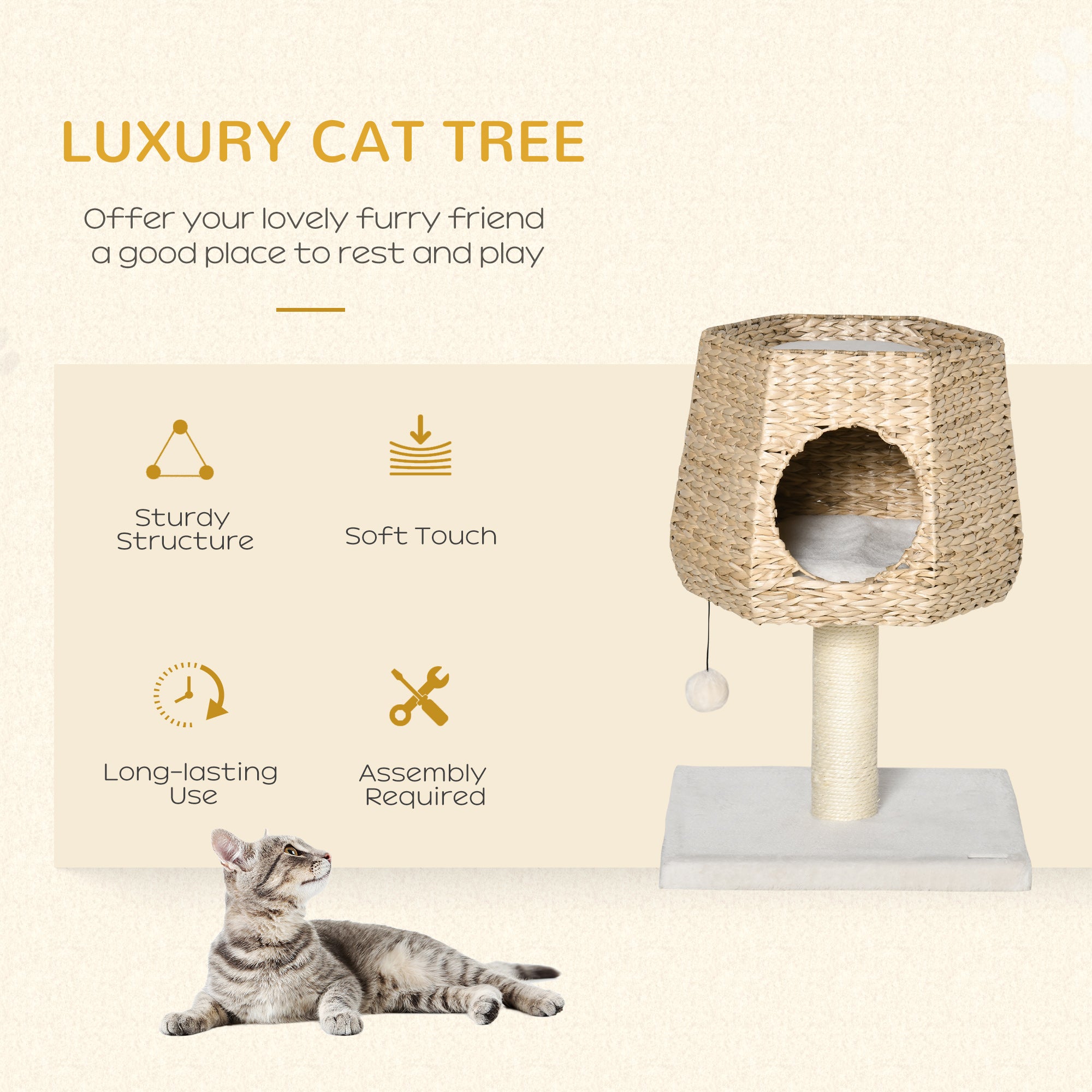 Cat Tree Tower with Scratching Post for Indoor Cats Climbing Activity Center Kitten Furniture Condo Sisal 45 x 45 x 66cm Natural