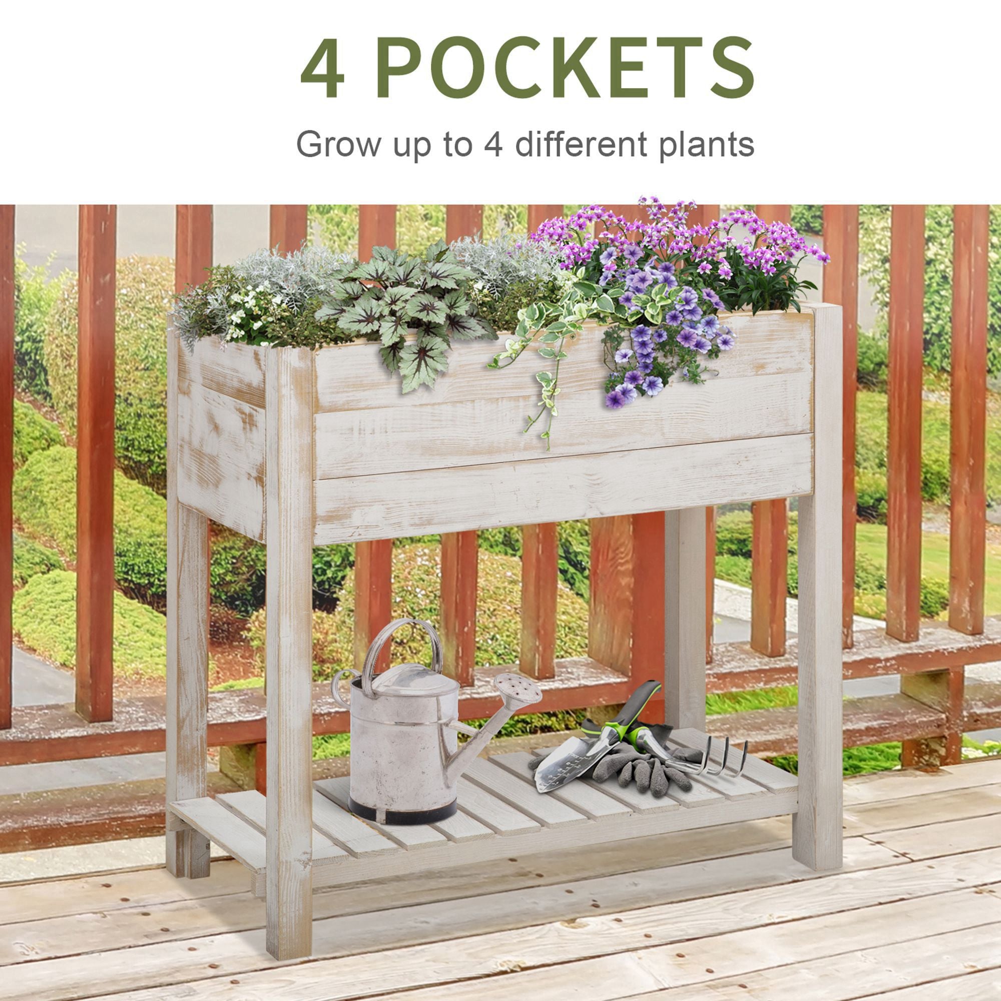 Elevated Wooden Planter Garden Grow Box with 2 tiers, 4 Pockets