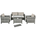 5-Piece Rattan Patio Furniture Set with Gas Fire Pit Table and Cushions - Grey