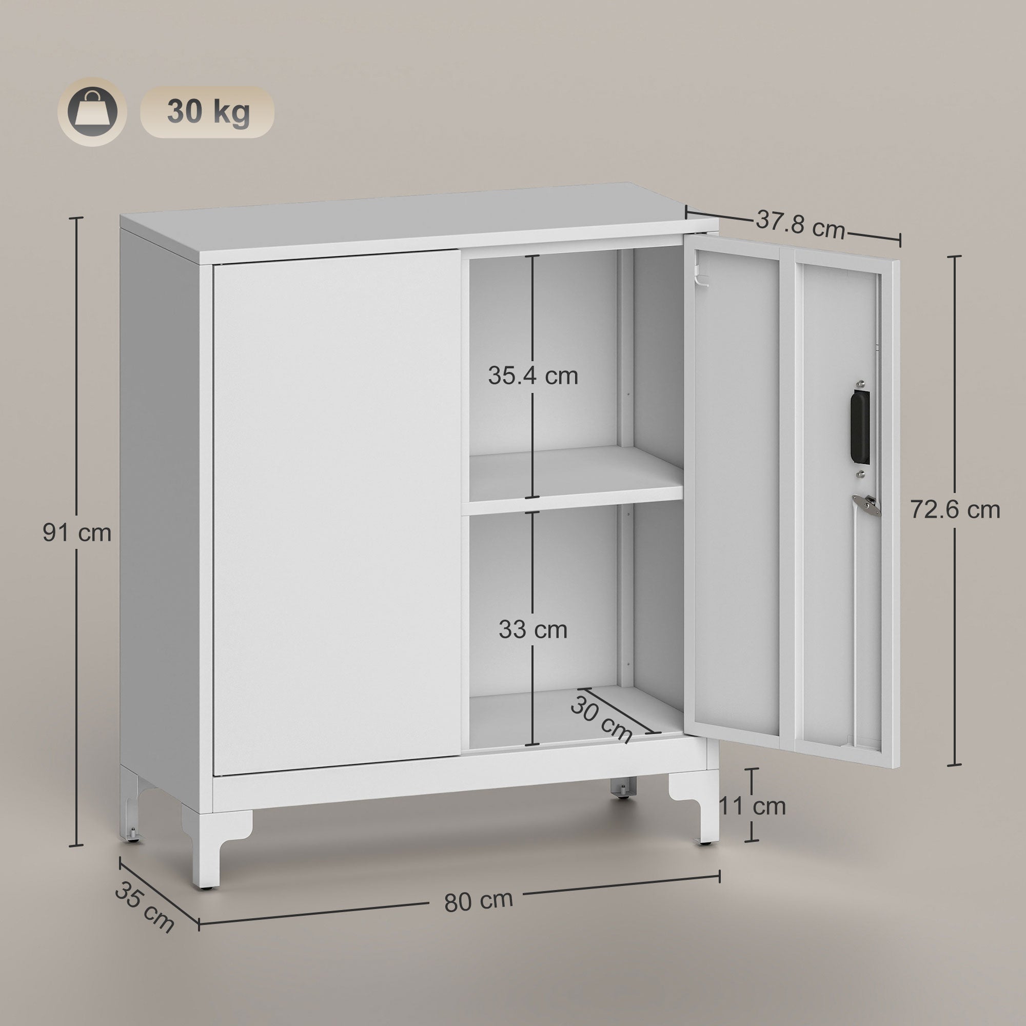 Lockable Metal Filing Cabinet, 2-Tier Storage Cupboard with Double Doors, Modern Office Organiser, White