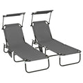 Set of 2 Folding Sun Loungers with Adjustable Backs & Sun Canopies - Grey