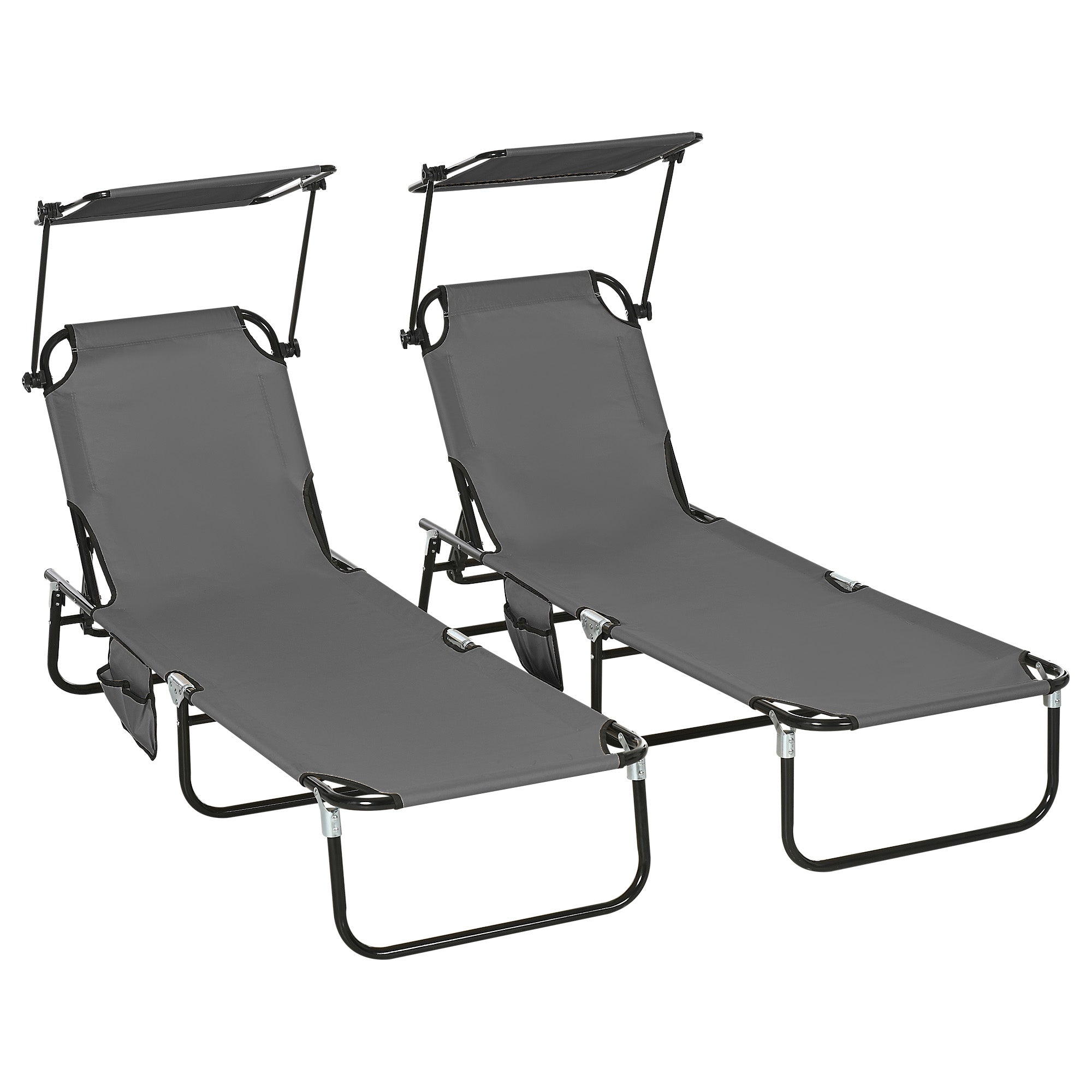 Set of Two Folding Sun Loungers, with Adjustable Backs and Sun Canopies - Grey