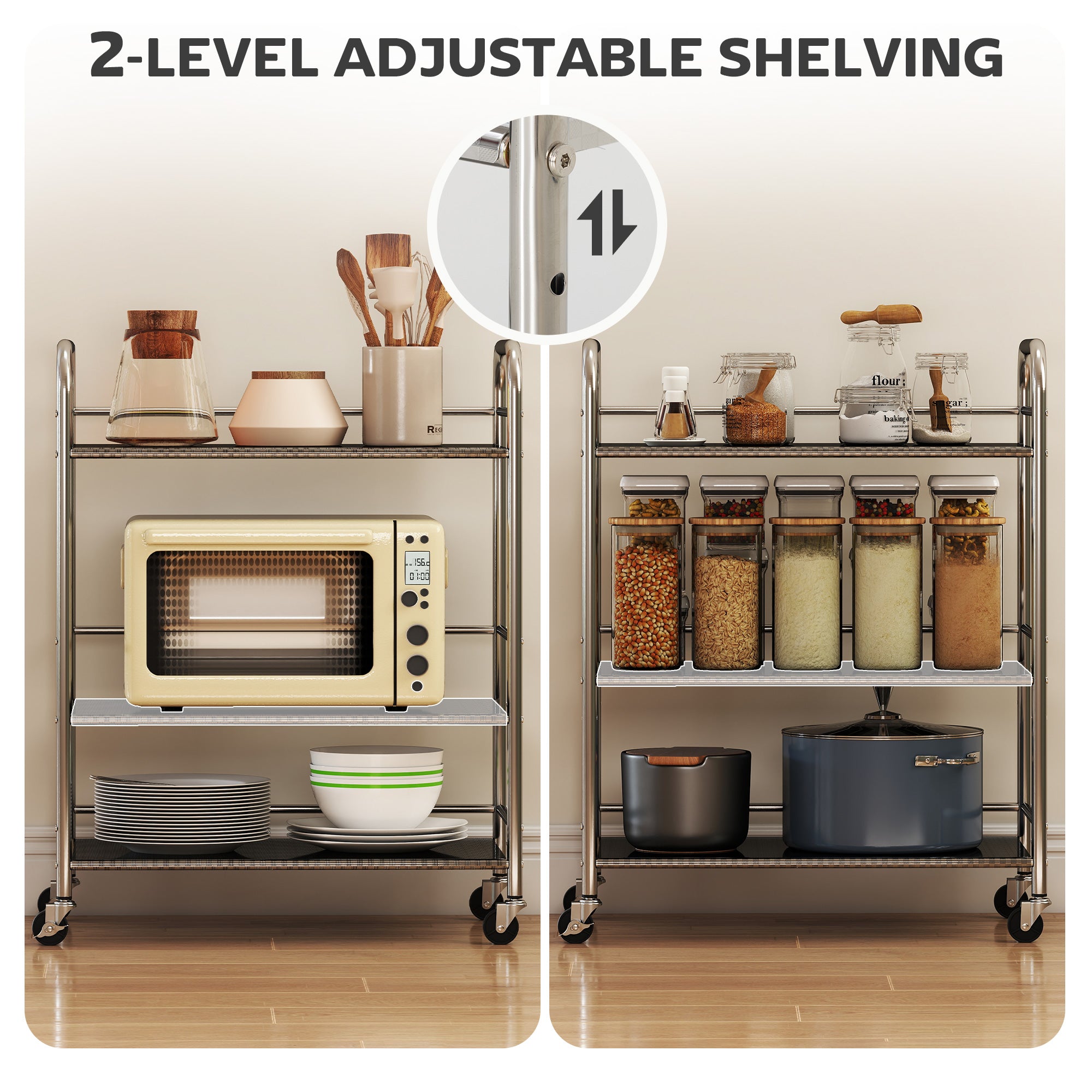 3 Tier Stainless Steel Kitchen Storage Trolley with Adjustable Shelf - Silver