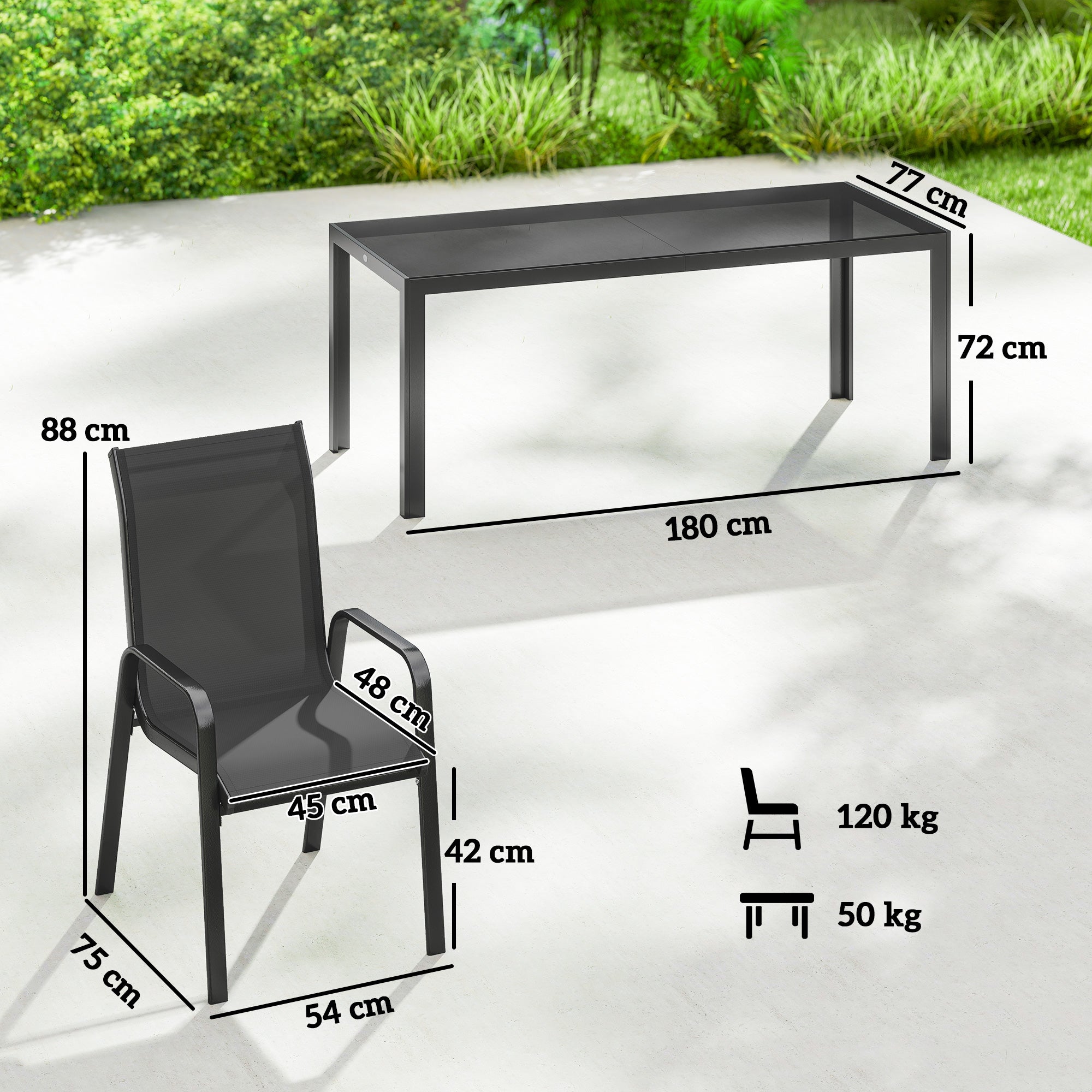 9 Pieces Garden Dining Set, Outdoor Table and Chairs Set for 8, Garden Furniture Set with Tempered Glass Top, Black