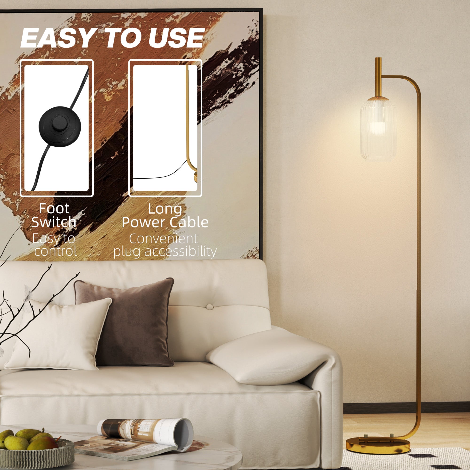 Modern Floor Lamp with Glass Lampshade and Foot Switch for Living Room & Bedroom - Gold Tone