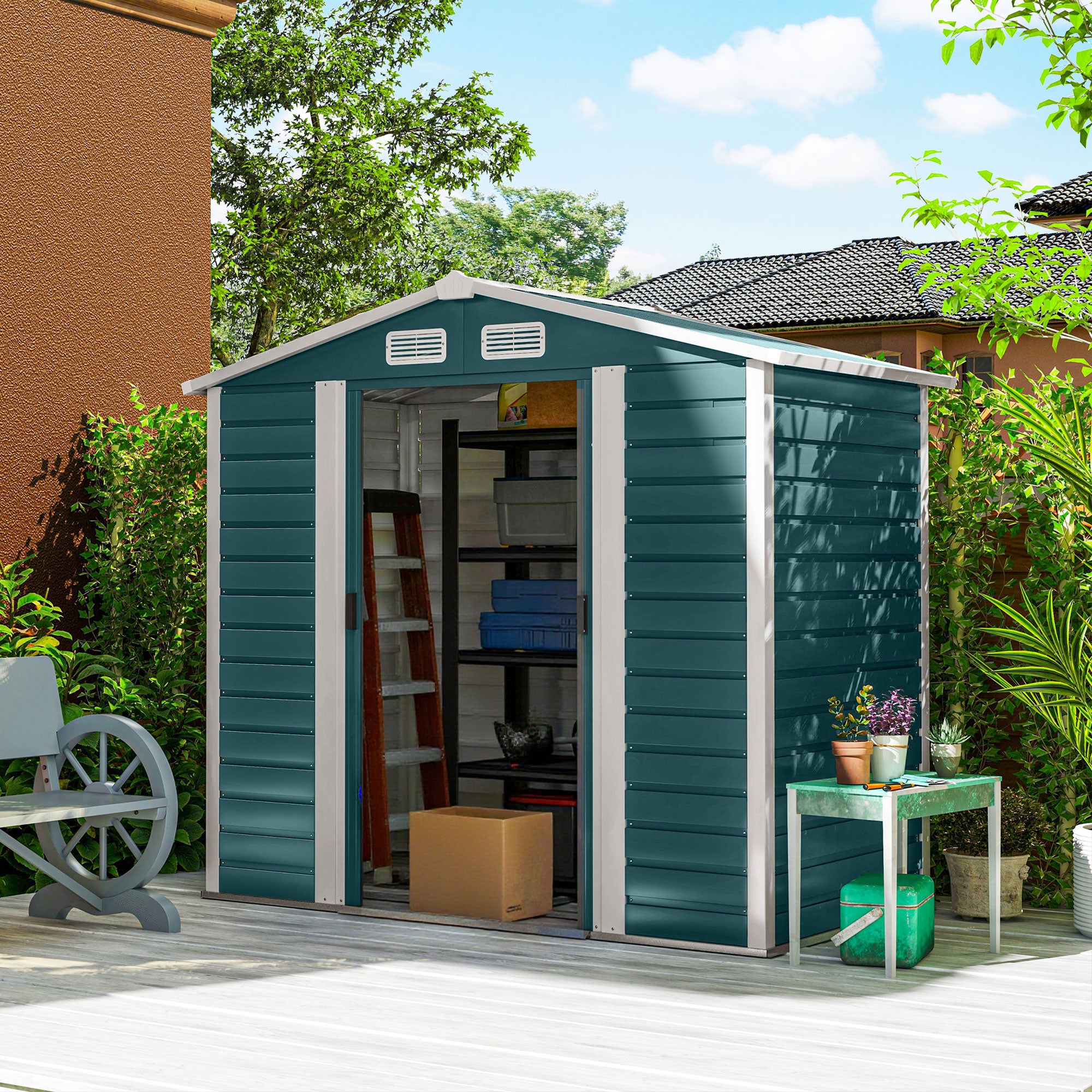 7 x 4ft Garden Shed, Easy to Assemble, Upgraded Galvanised Steel Frame with Foundation Kit, Double Doors with Lock, Outdoor Metal Shed with Vents and Gloves, Garden Storage Shed, Green