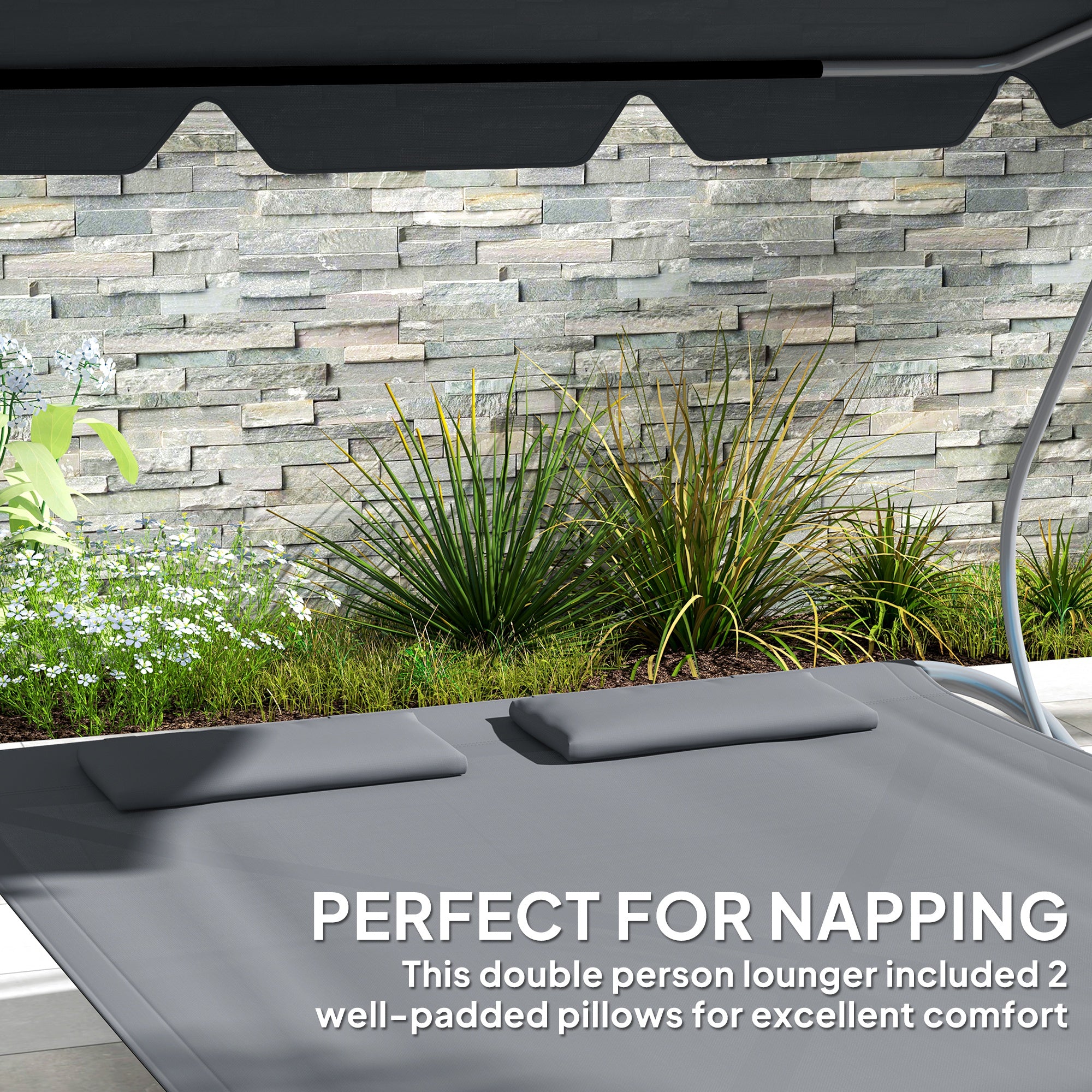 Double Outdoor Bed with Adjustable Canopy and Steel Frame - Light Grey