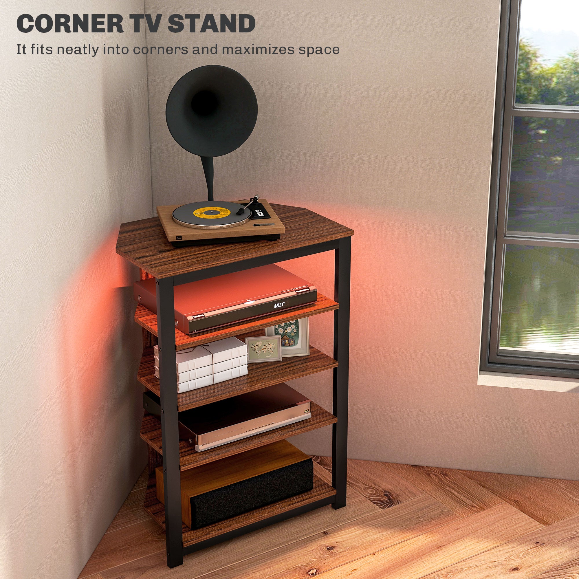 4-Tier Corner TV Stand with Storage, LED Lights, Cable Management, Small TV Unit Entertainment Centre for TVs up to 29", for Living Room, Bedroom