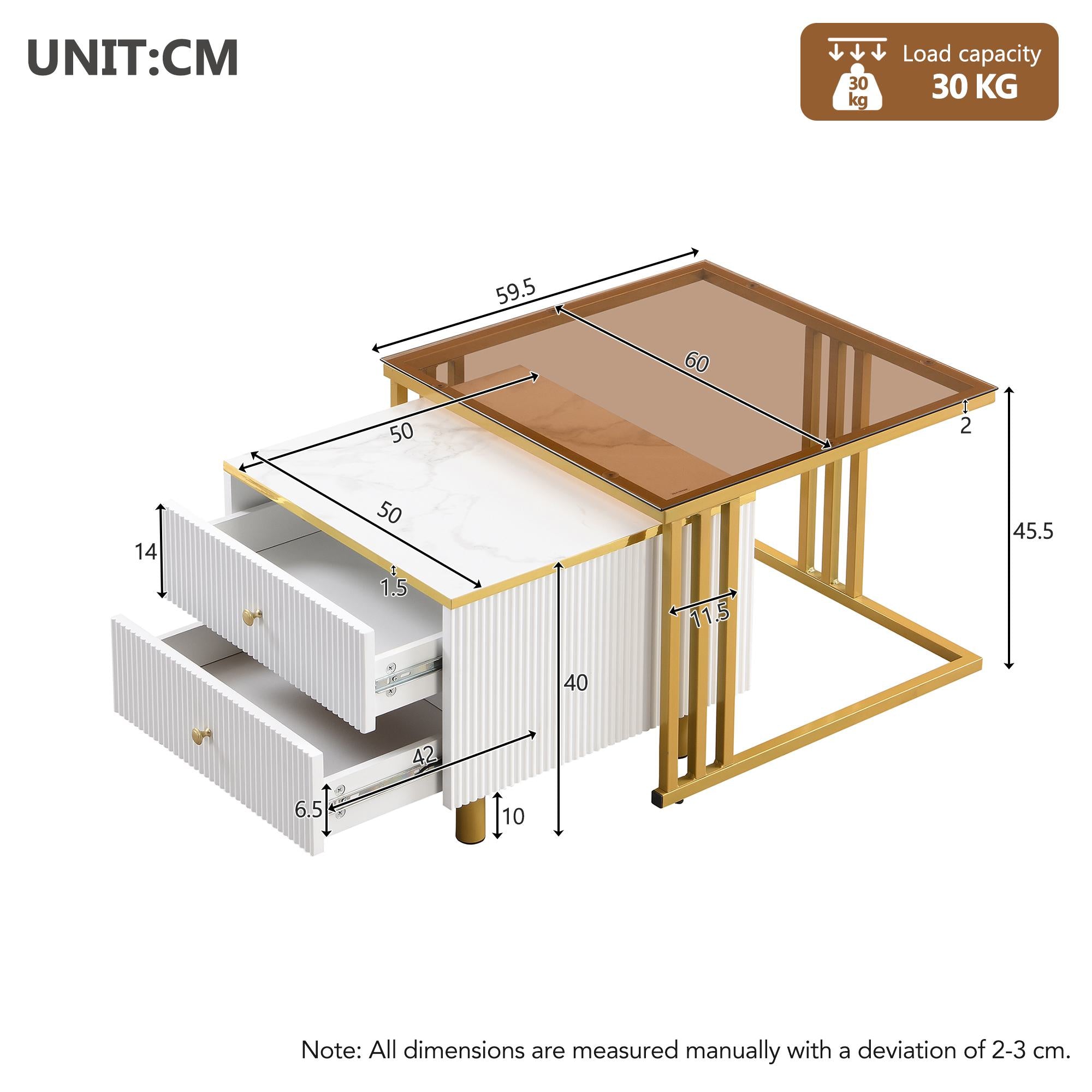 2 Piece Nesting Coffee Table Set with Marble Pattern and Modern Gold Design, Square End Table with Drawer and Metal Frame, Gold+White