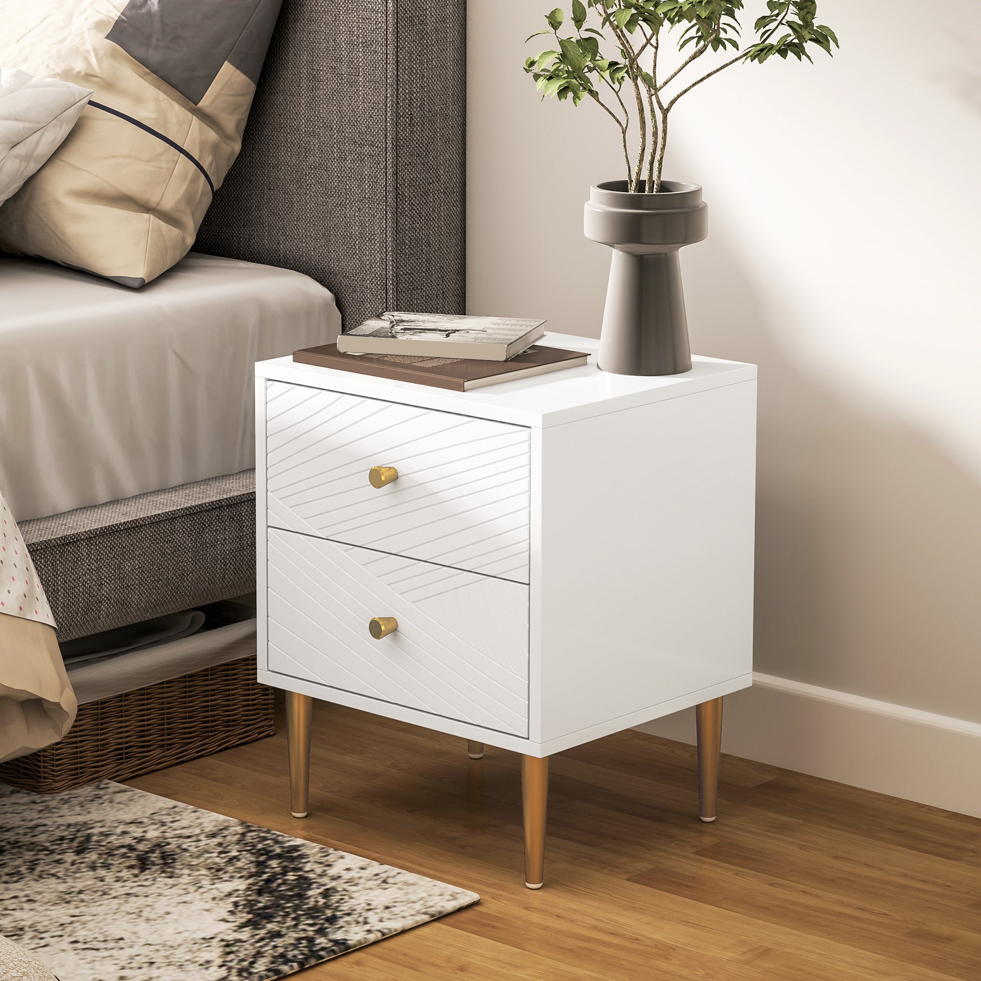 Two-Drawer Bedside Table with Gold-Tone Handles and Legs - White