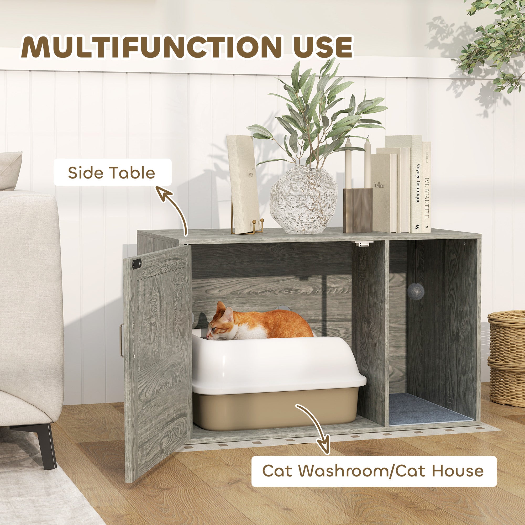 Boho Style Cat Litter Box Enclosure with Rattan Door, Scratching Mat, Toy Ball, Non-slip Foot Pads, 80 x 50 x 50cm, Grey