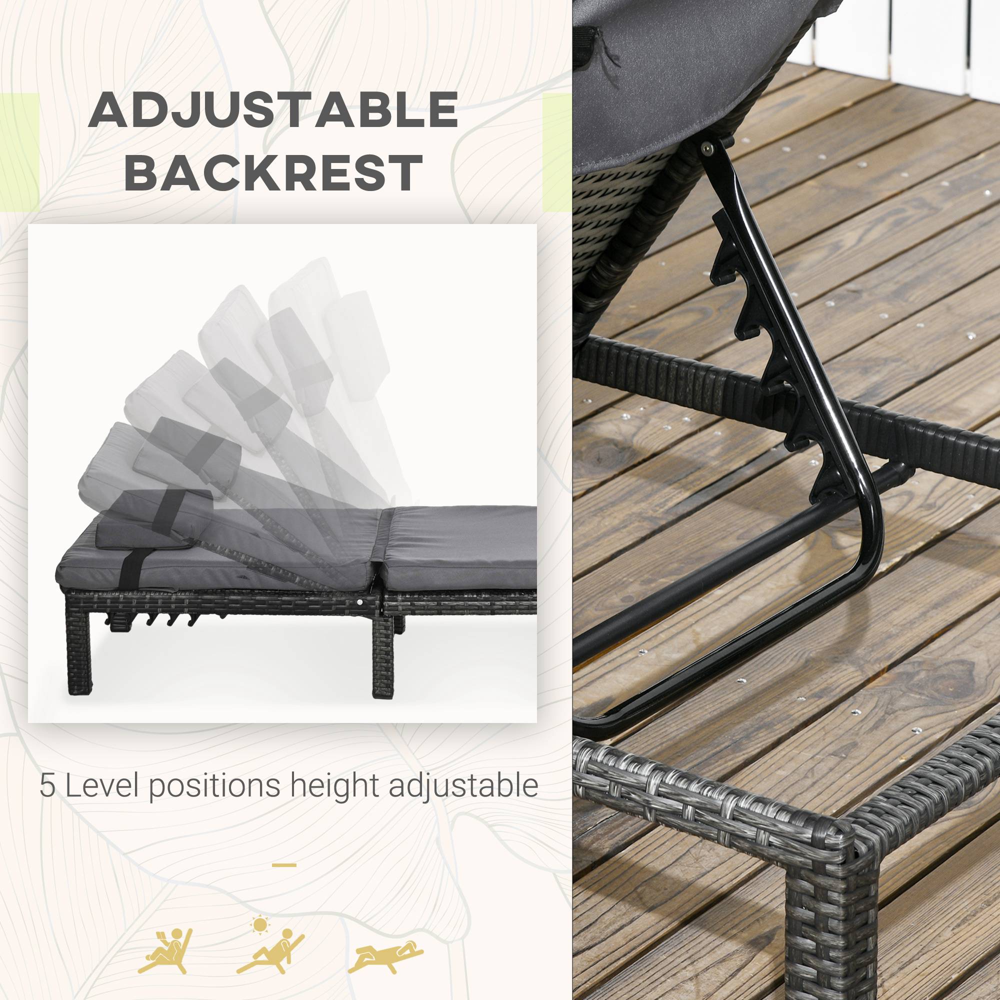 Set of Two Reclining Rattan Sun Loungers, with Cushions - Grey