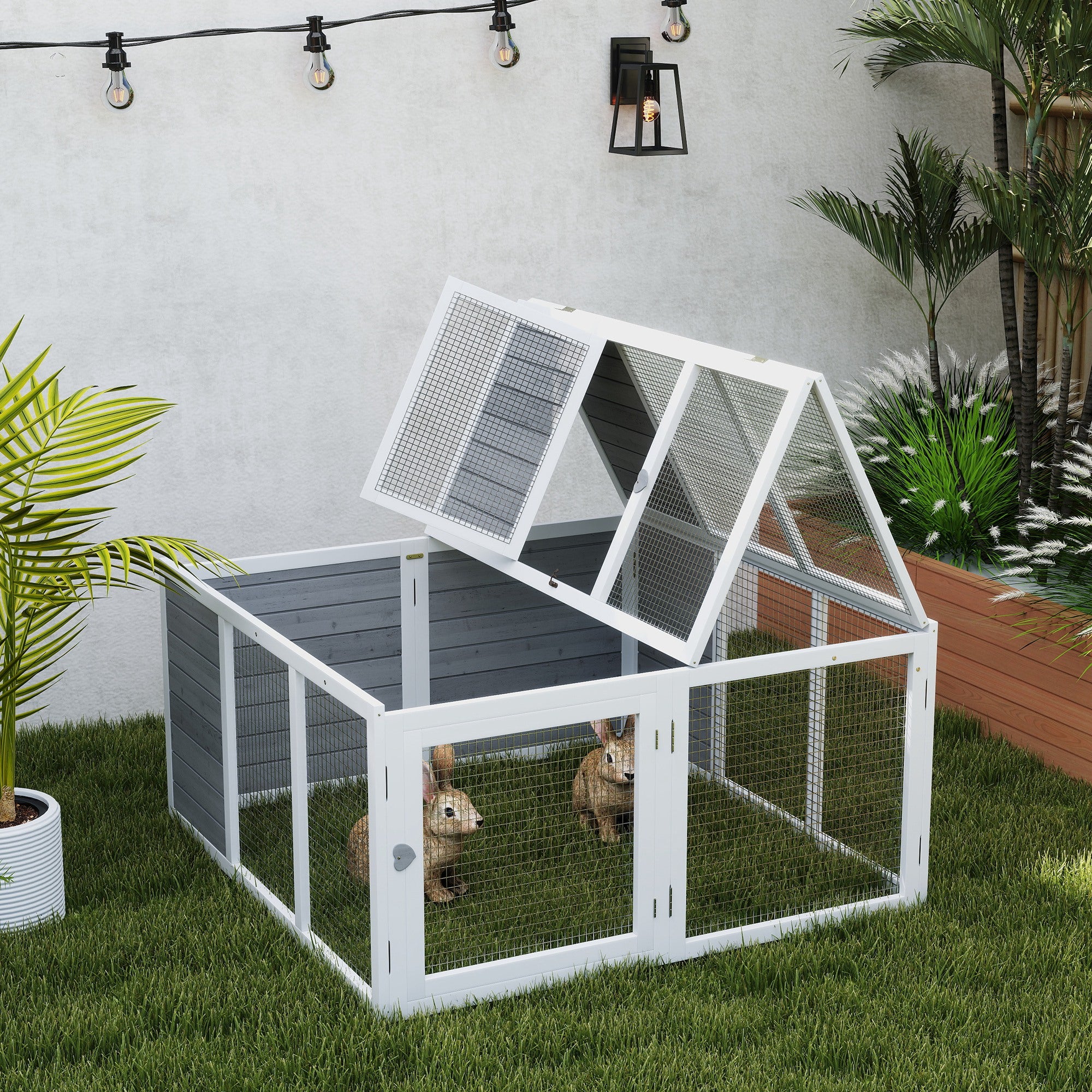 Rabbit Hutch with Openable Foldable Roof, Light Grey