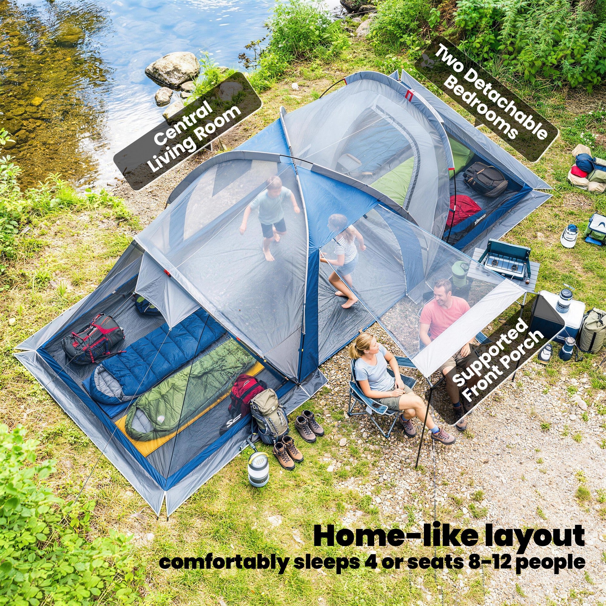 Family Camping Tent 3000mm Waterproof Windproof Tunnel Tent 8-12 Person, Navy Blue & Light Grey