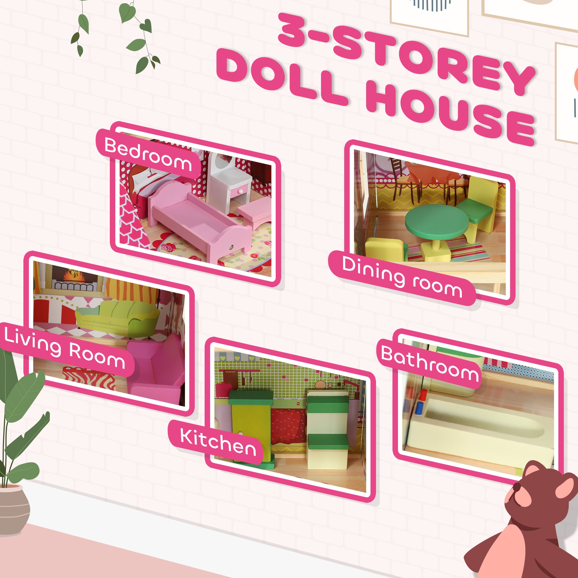 3 Storey Dolls House Play Set with 13 Pieces Wooden Furniture and Accessories for 3-6 Years