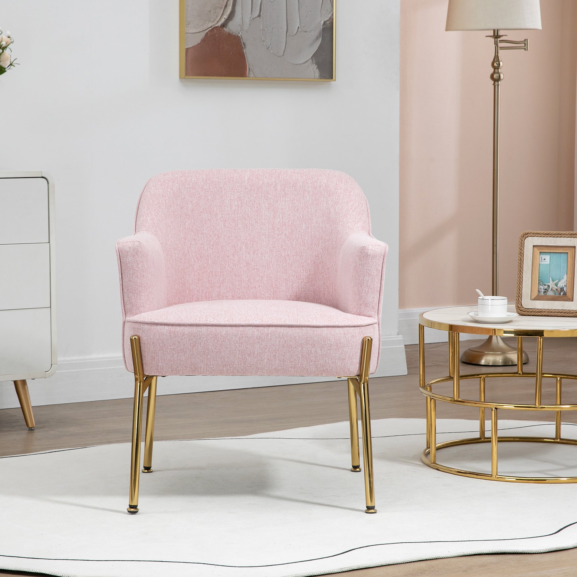 Accent Chair, Living Room Armchair, Vanity Chair with Gold Plating Metal Legs and Soft Padded Seat for Bedroom and Caf©, Set of 2, Pink