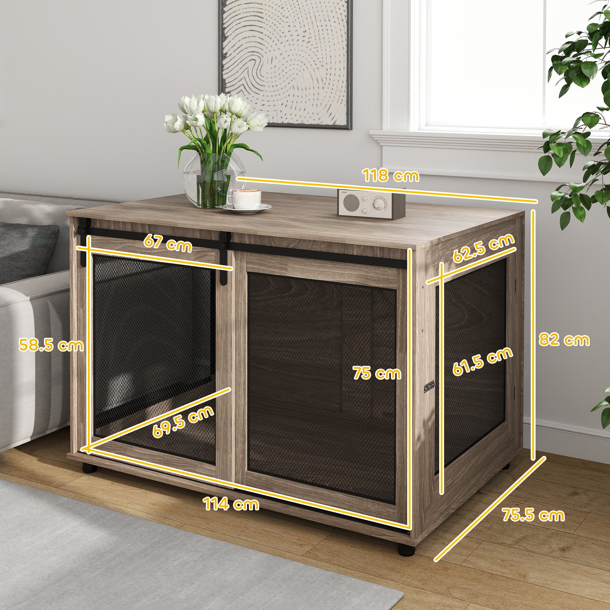 Extra Large Dog Crate Furniture with Sliding Door 118x75.5x82cm - Walnut Brown
