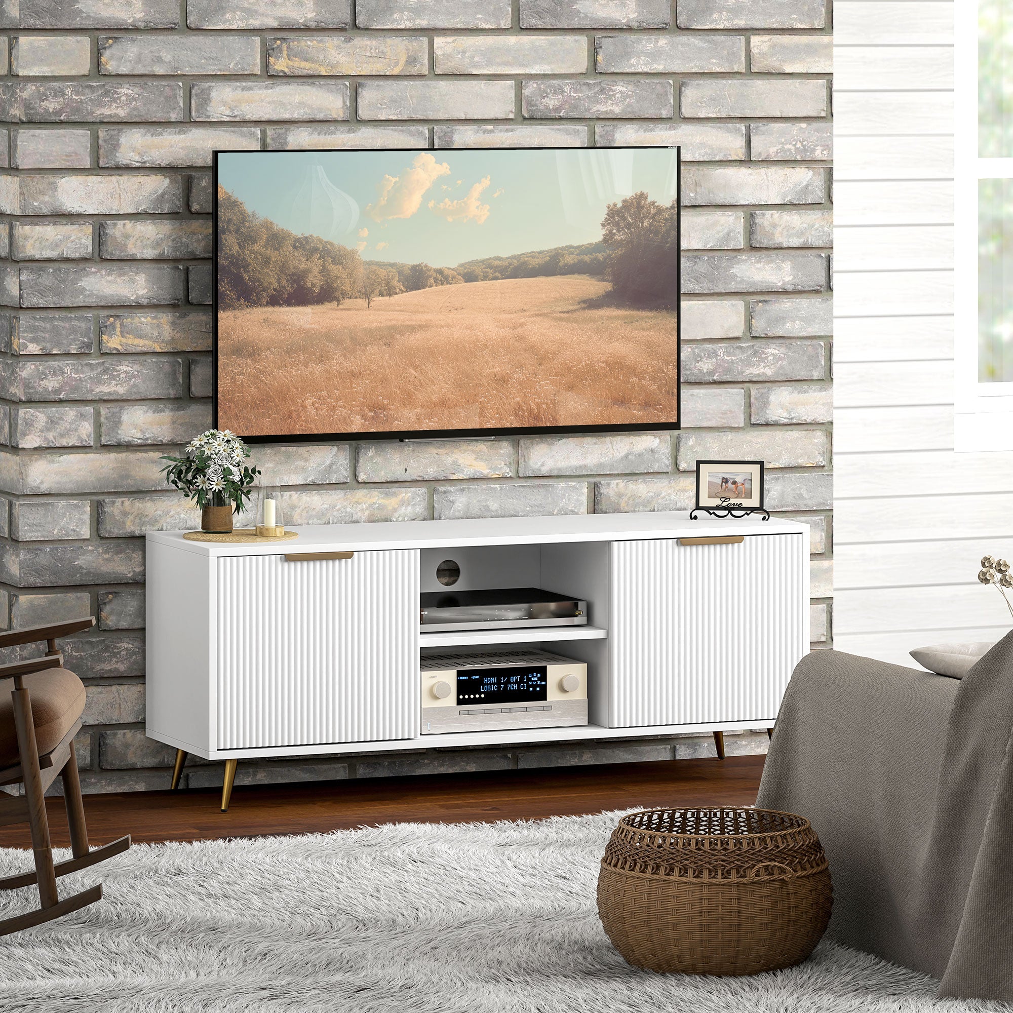 Modern TV Stand Cabinet for TVs up to 55" with 2 Open Shelves & 2 Cabinets, Cable Management - White