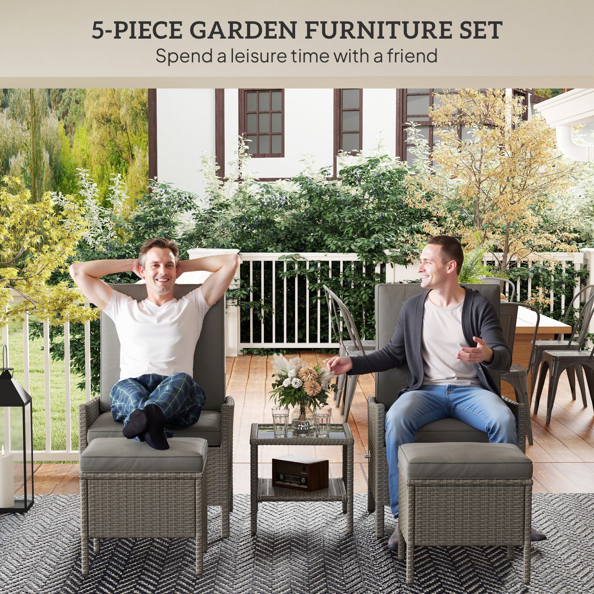 5 Piece Rattan Garden Furniture Set with Adjustable Backrests - Dark Grey