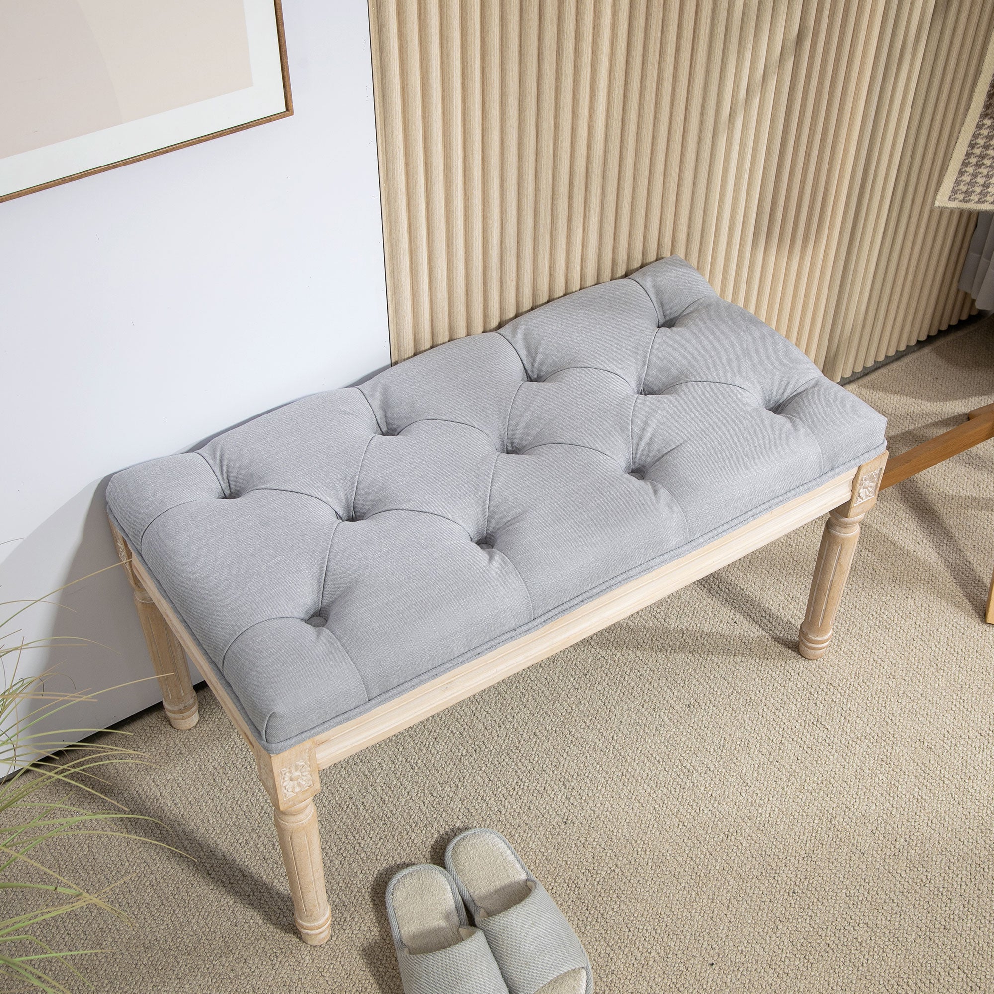 End of Bed Bench Tufted Upholstered Bench, Light Grey