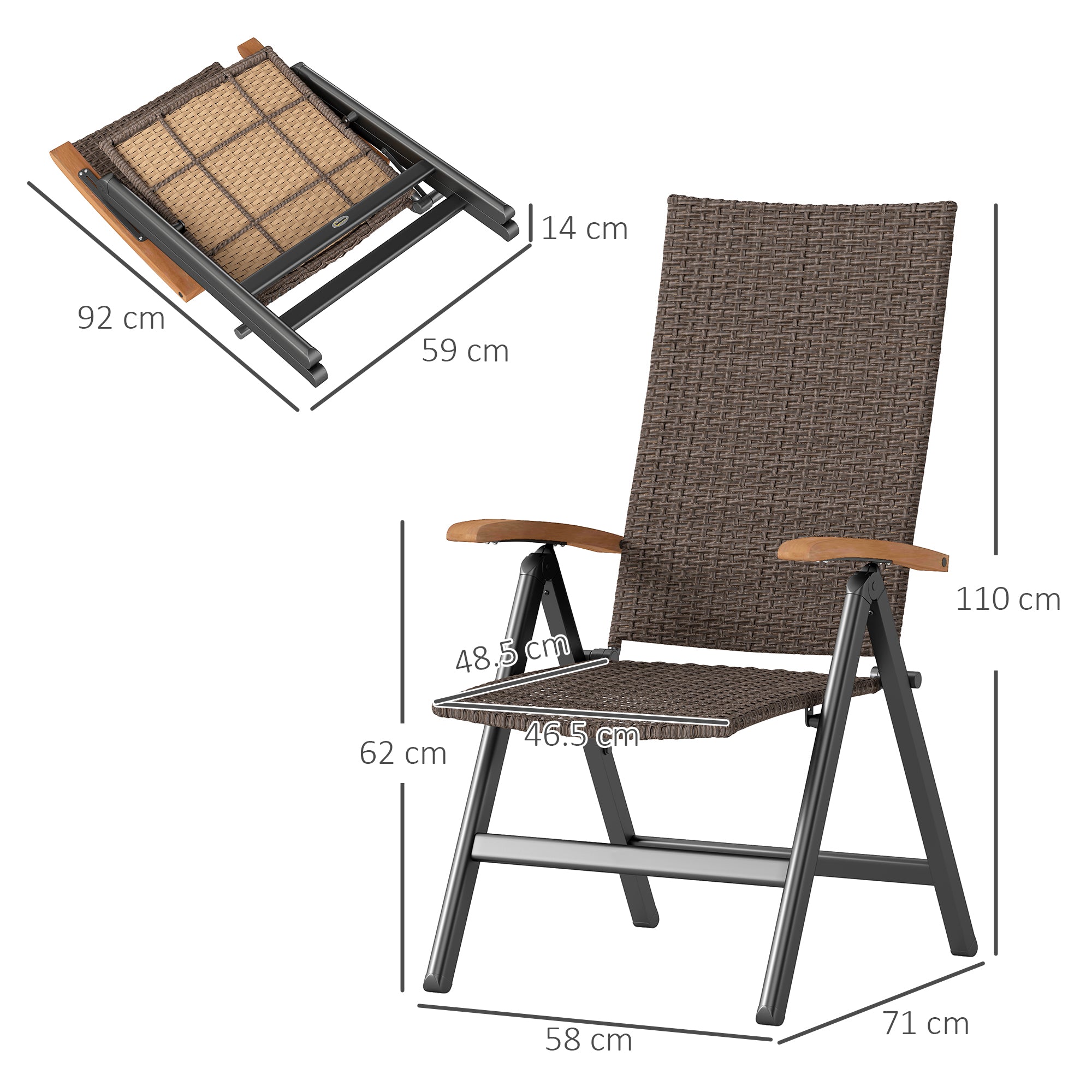 2 Pieces Outdoor Foldable Dining Chair with Armrests, High Backrest, for Garden, Camping, Balcony, Brown