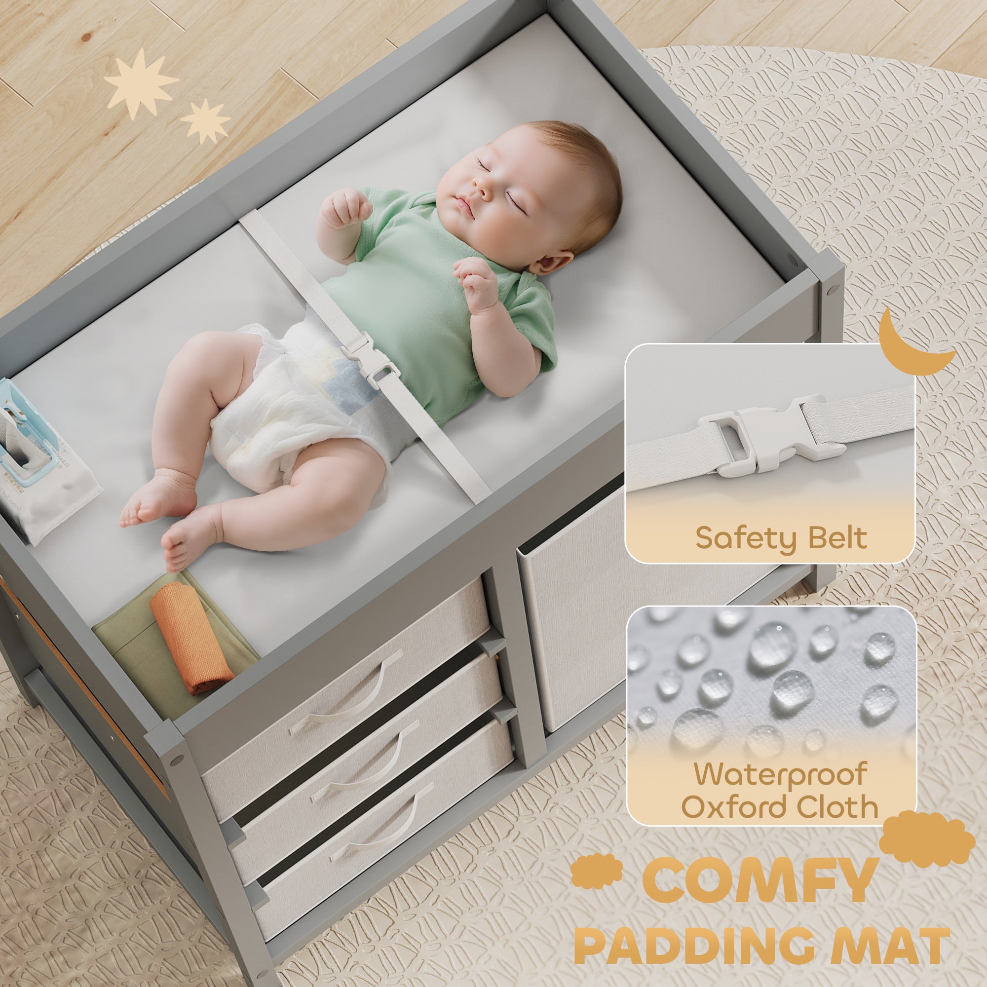 Baby Changing Unit with 4 Storage Drawers, Mat for Bedroom Nursery, 84 x 84.5 cm, Grey