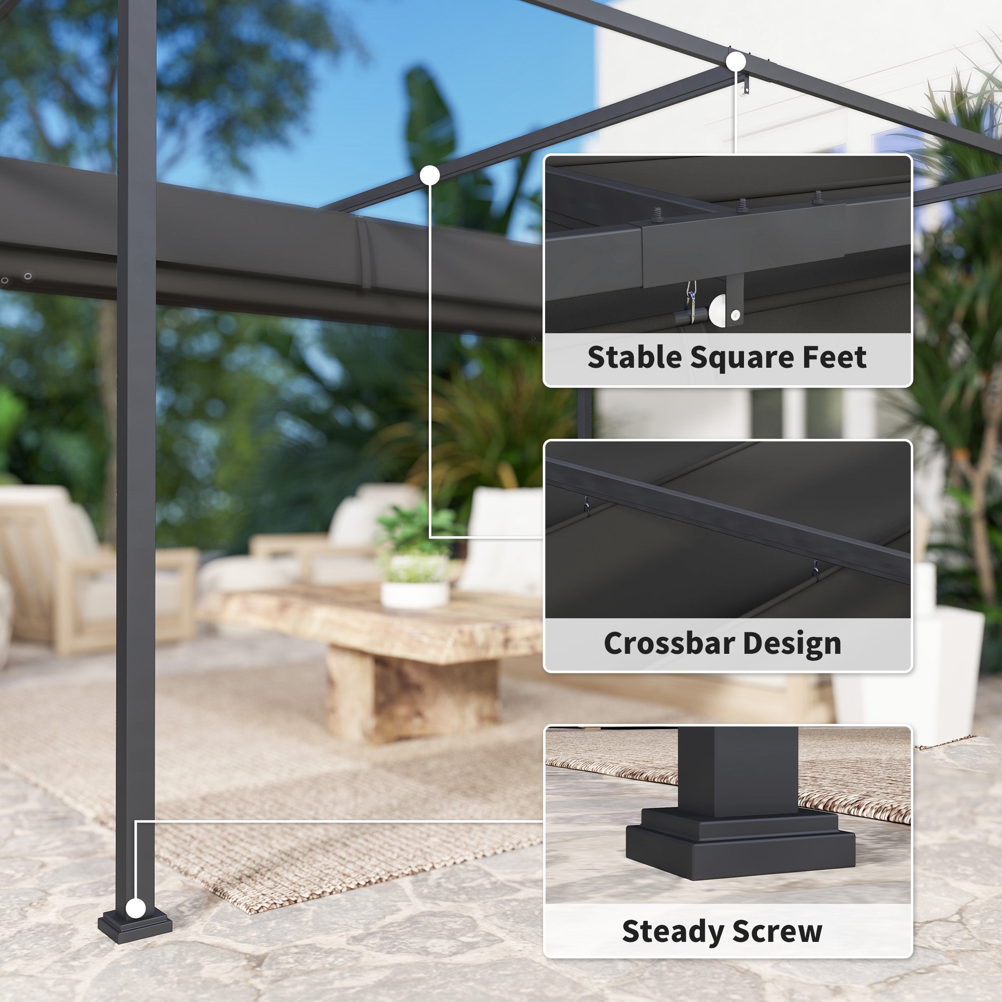 4 x 3m Metal Pergola, with Retractable Canopy Roof - Black