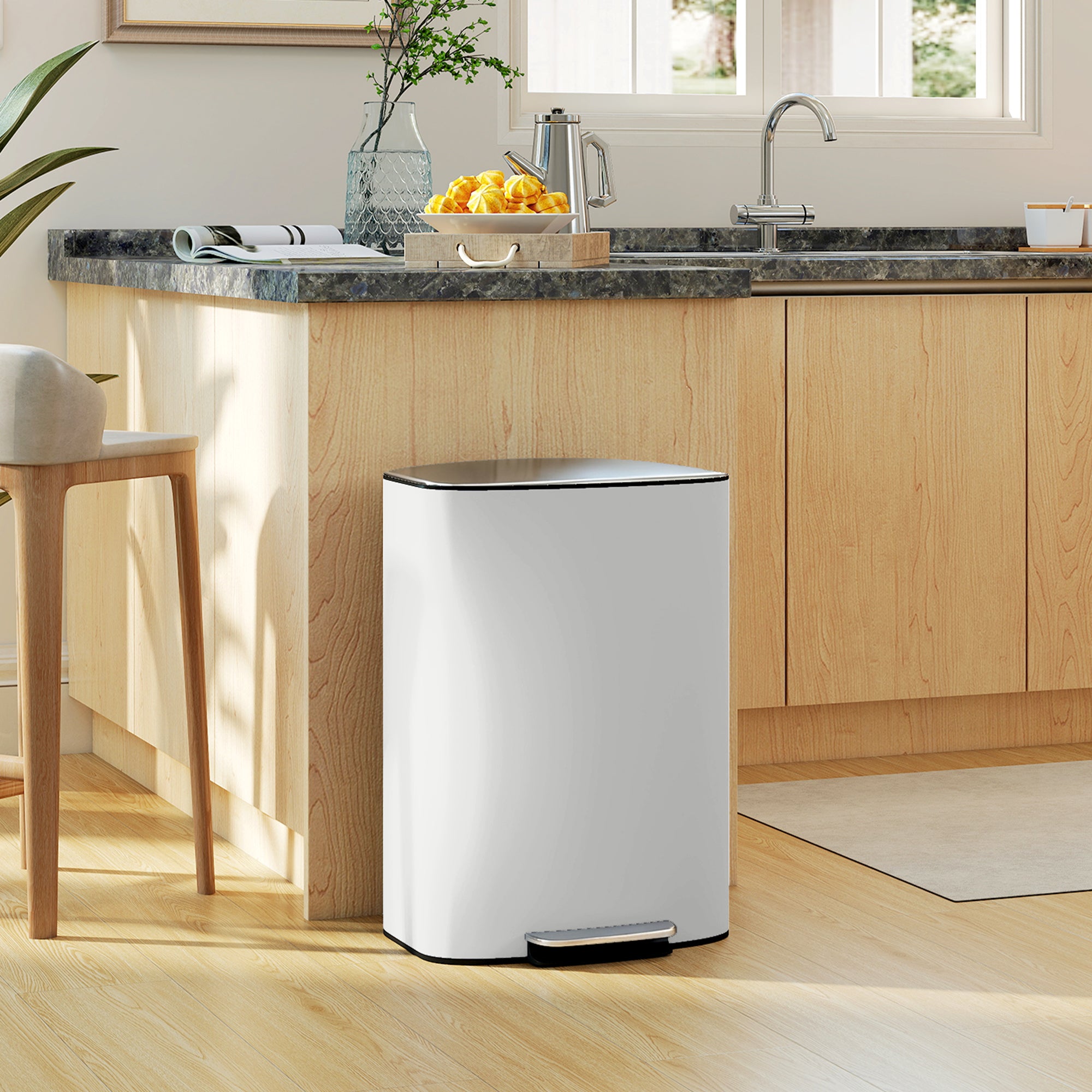 50L Kitchen Bin with Soft-Close Lid and Stay-Open Function, Stainless Steel Pedal Bin with Removable Inner Bucket, Carry Handle for Kitchen, Office, Home, Cream