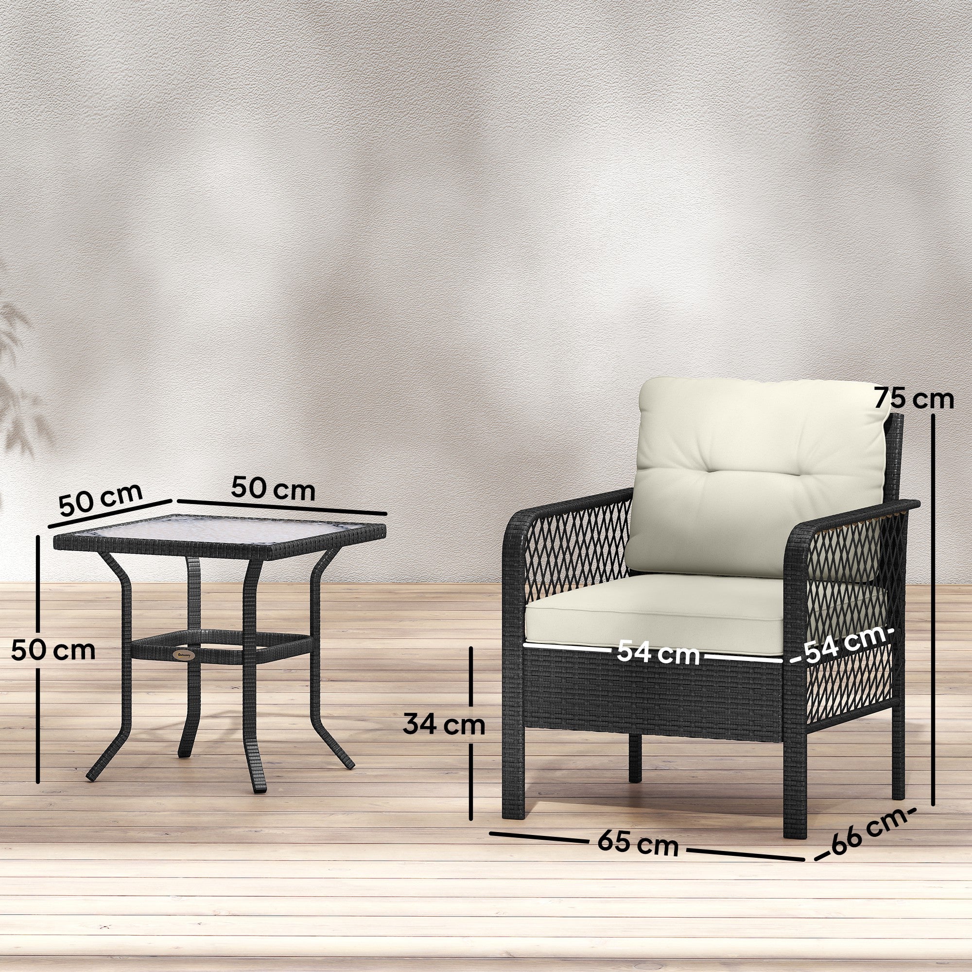 3 Pieces Rattan Bistro Set with Glass Top Coffee Table, Chairs and Cushions for Outdoor, Patio, Balcony, Cream
