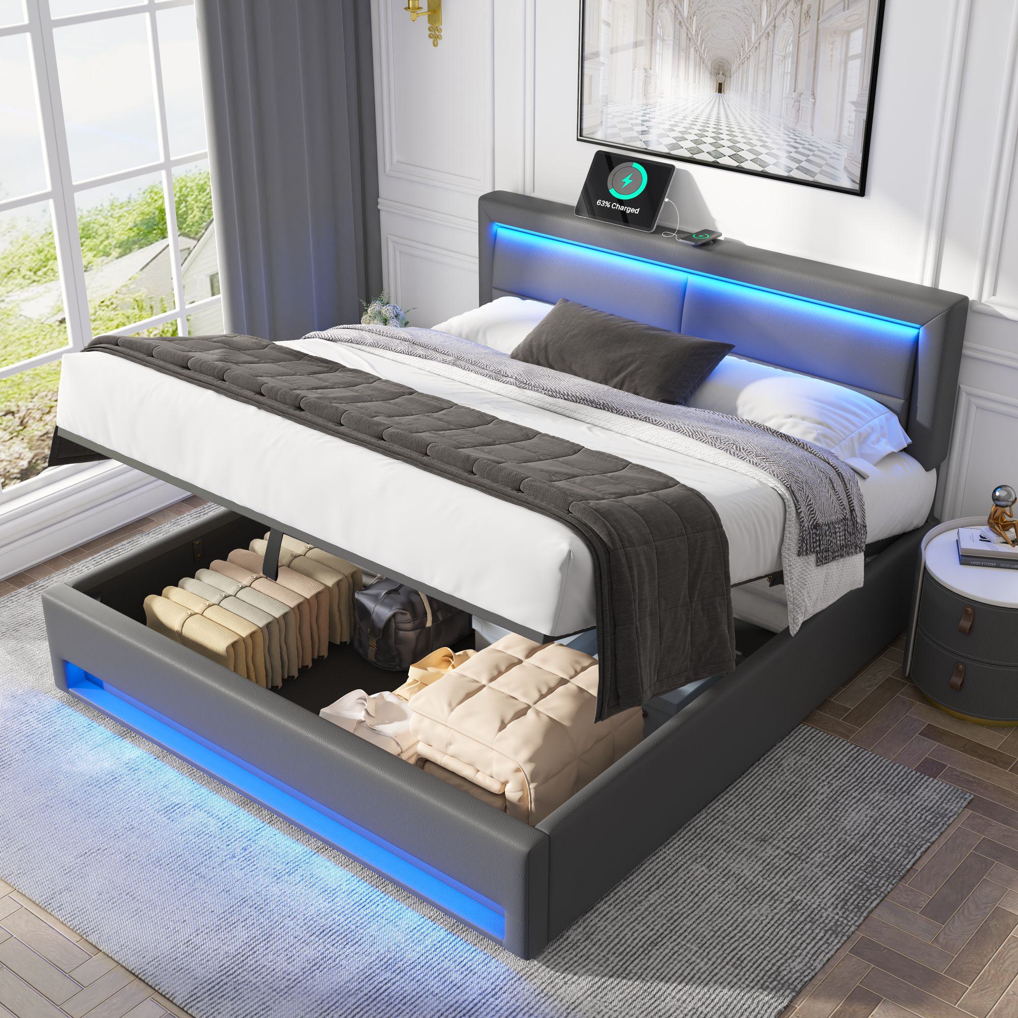 Upholstered Double Bed with USB Charging & LED Lighting - Gray