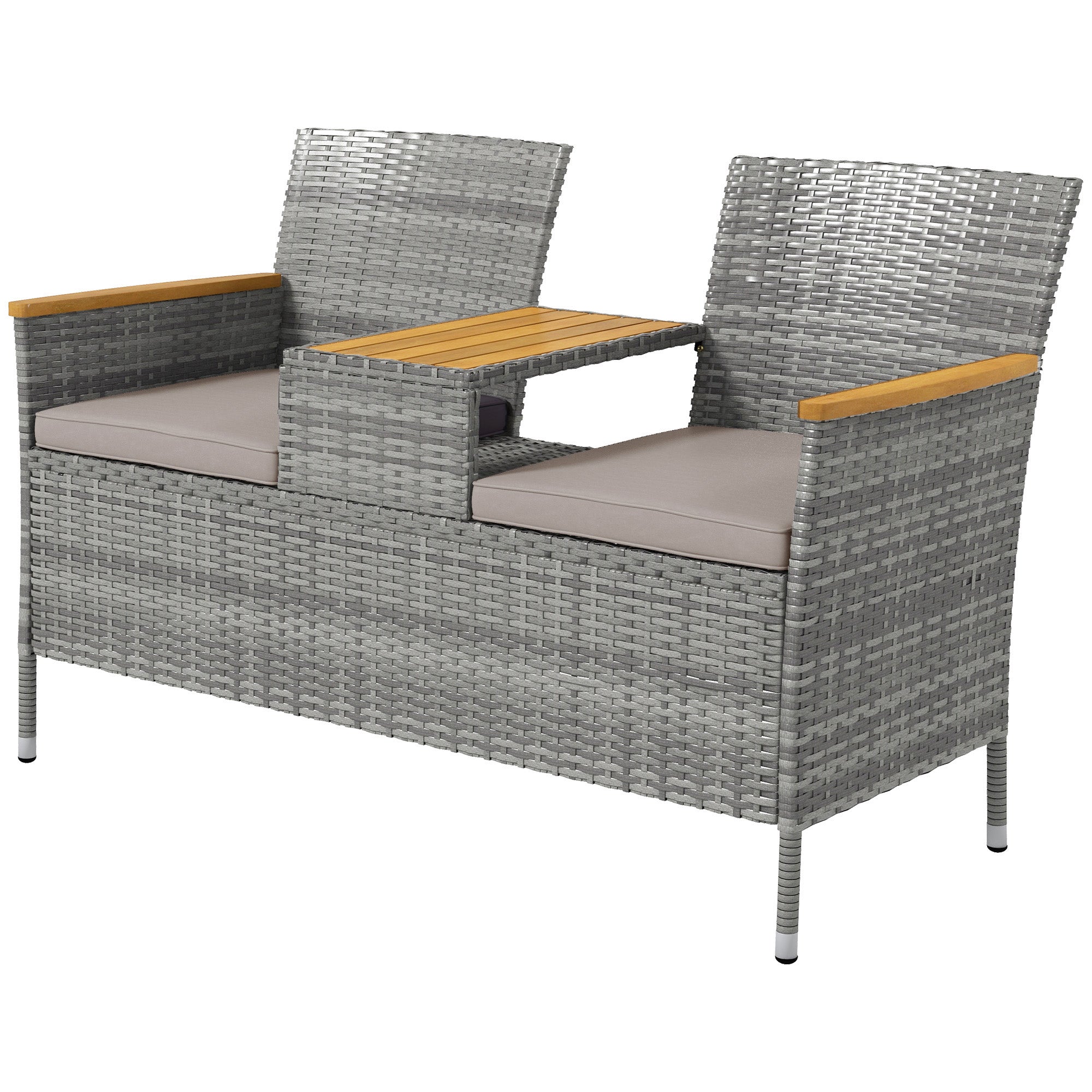 Two-Seat Rattan Loveseat, with Wood-Top Middle Table - Grey