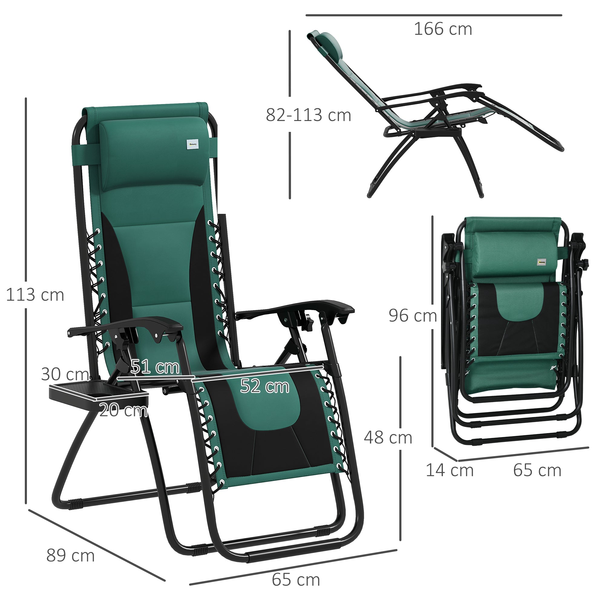 Set of 2 Zero Gravity Lounger Chairs with Padded Cushion and Cup Holder - Green