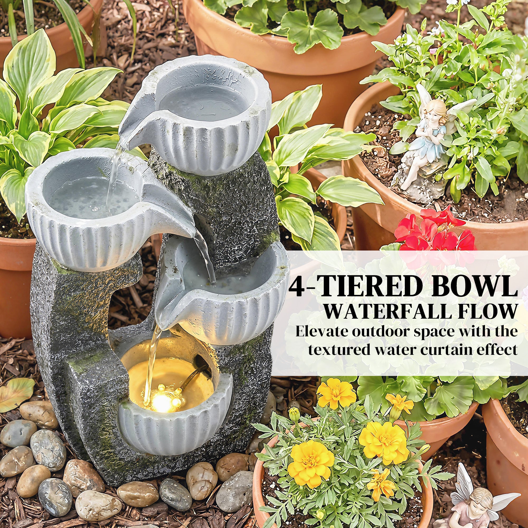 4-Tier Bowl Water Feature, Indoor Outdoor Garden Water Fountain with Pump and LED Lights, Resin Cascading Waterfall