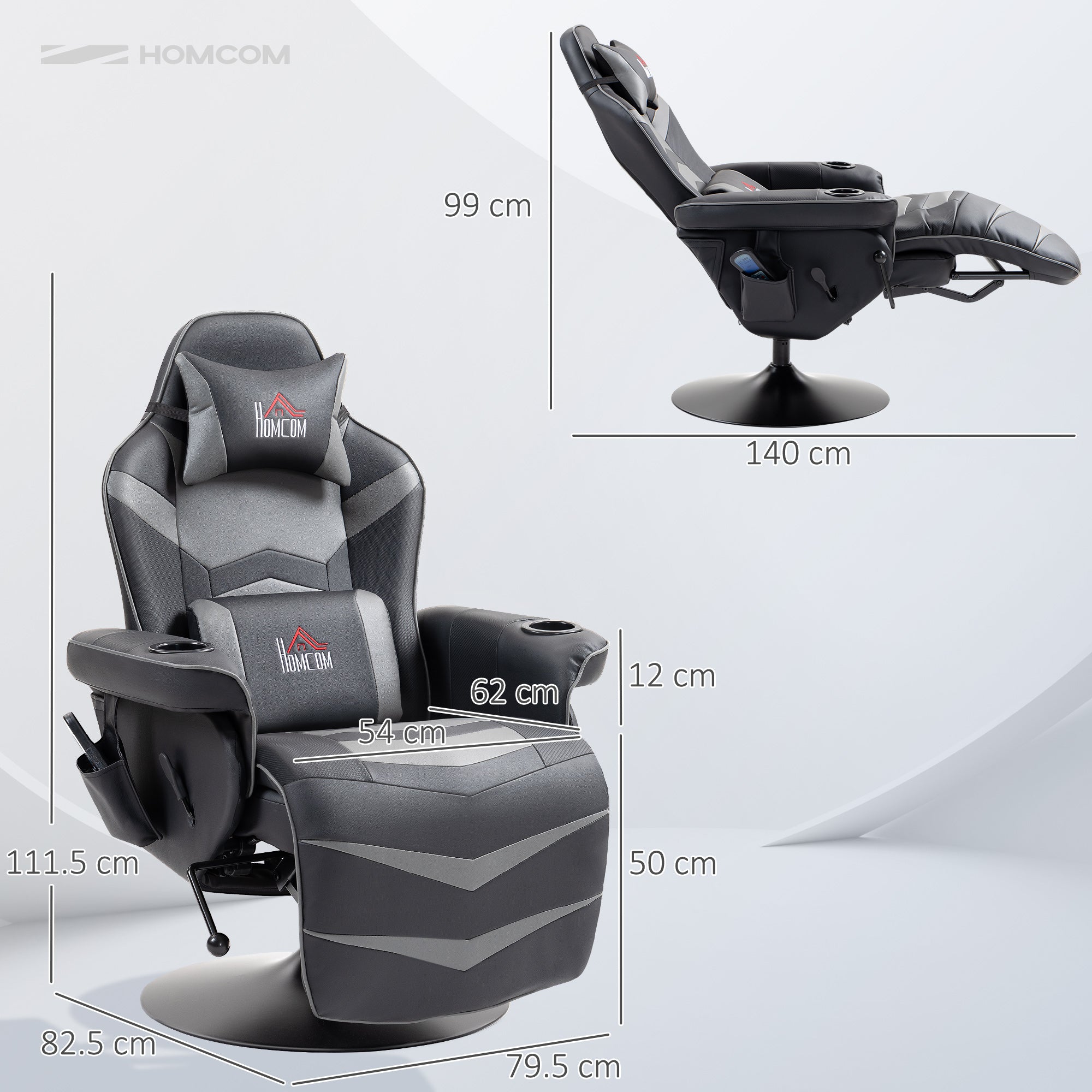 Small Leather Massage Recliner Chair with Ergonomic High Back Retractable Footrest Headrest Work Break Grey