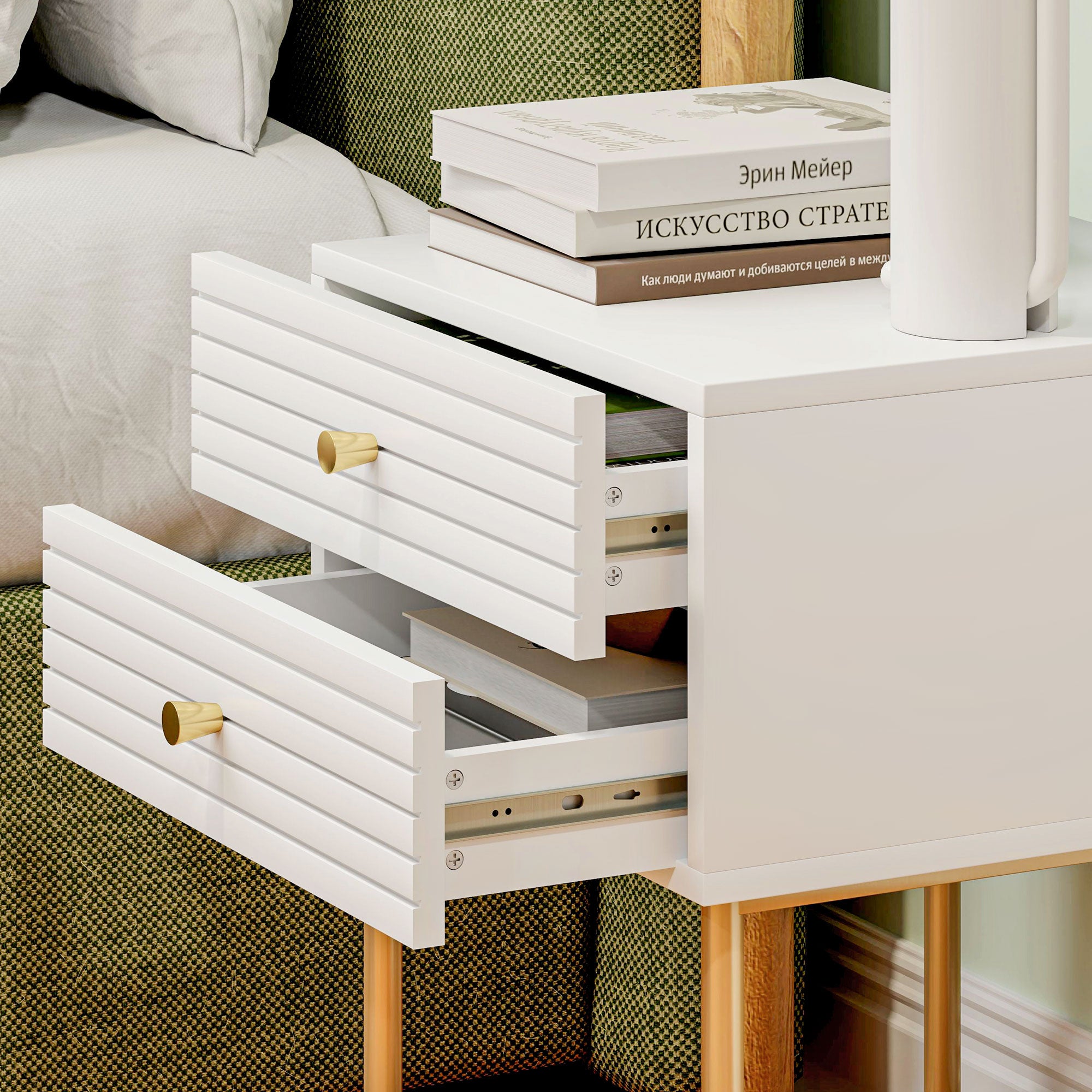 Set of Two Elegant Bedside Tables - White/Gold-Tone