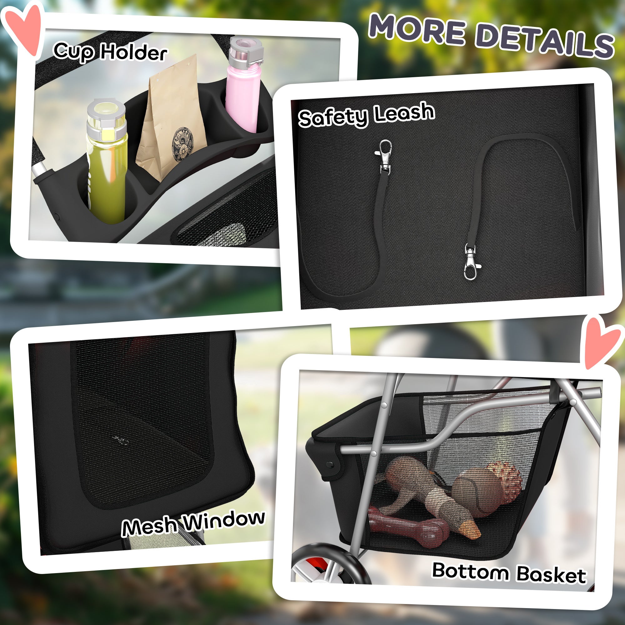 Dog Pram, Pet Stroller with Reflective Strips, Foldable Cat Stroller with 360° Swivel Wheels, Black