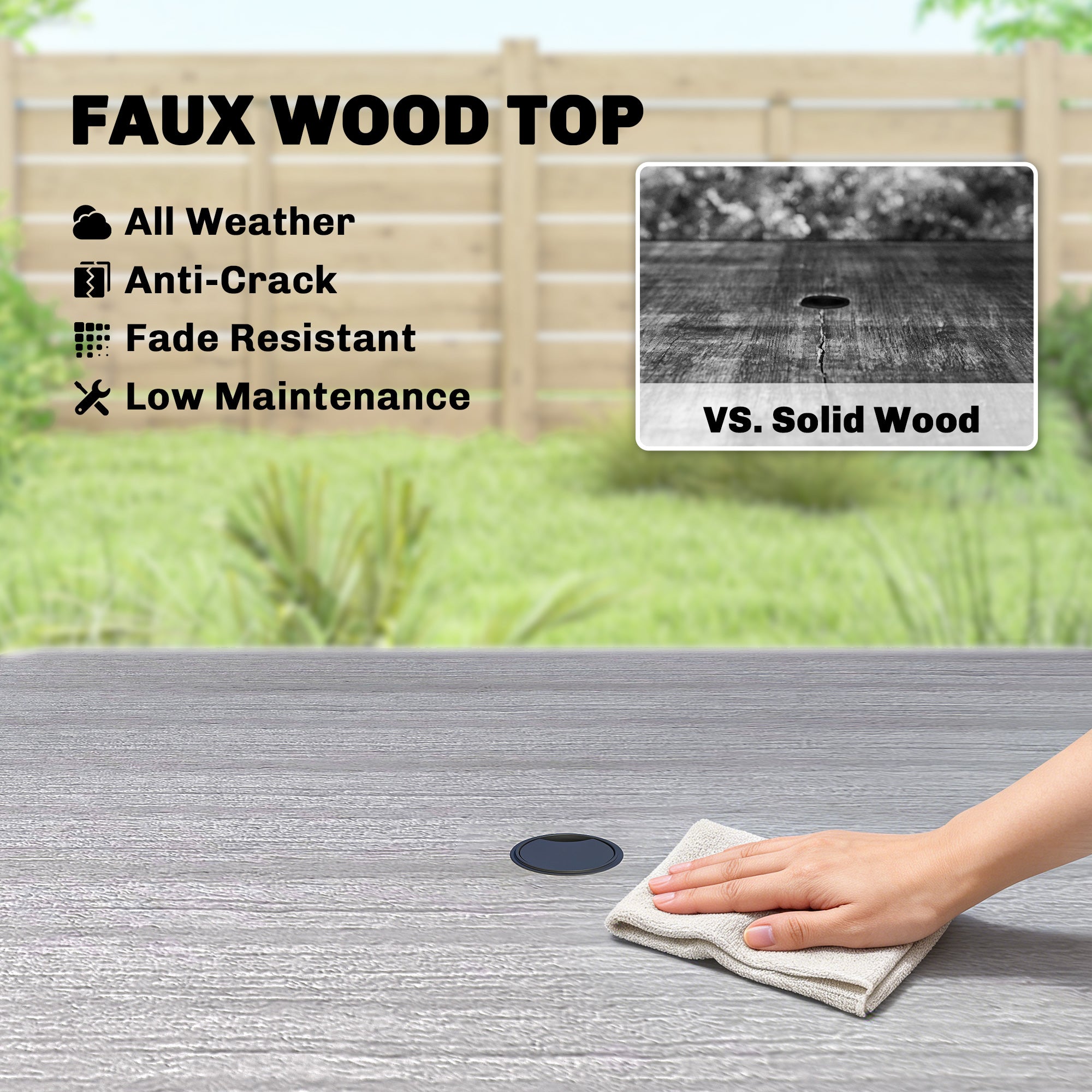 Garden Dining Table for 4, 85 cm Square Outdoor Table with Umbrella Hole, Faux Wood Top, Metal Legs, Light Grey