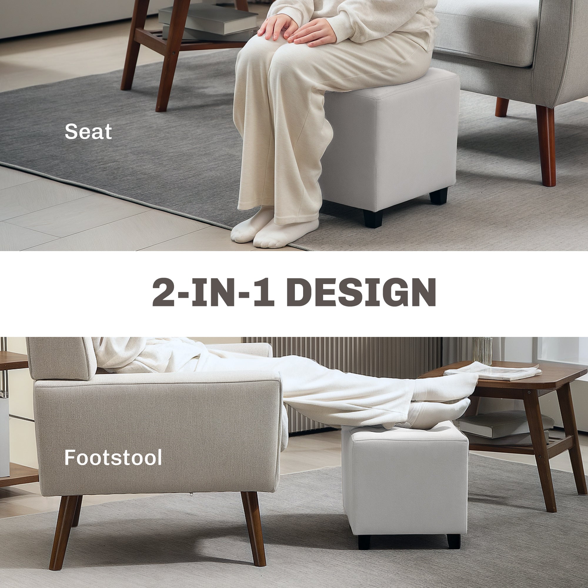 Velvet-Feel Square Ottoman Compact Footstool - Light Grey