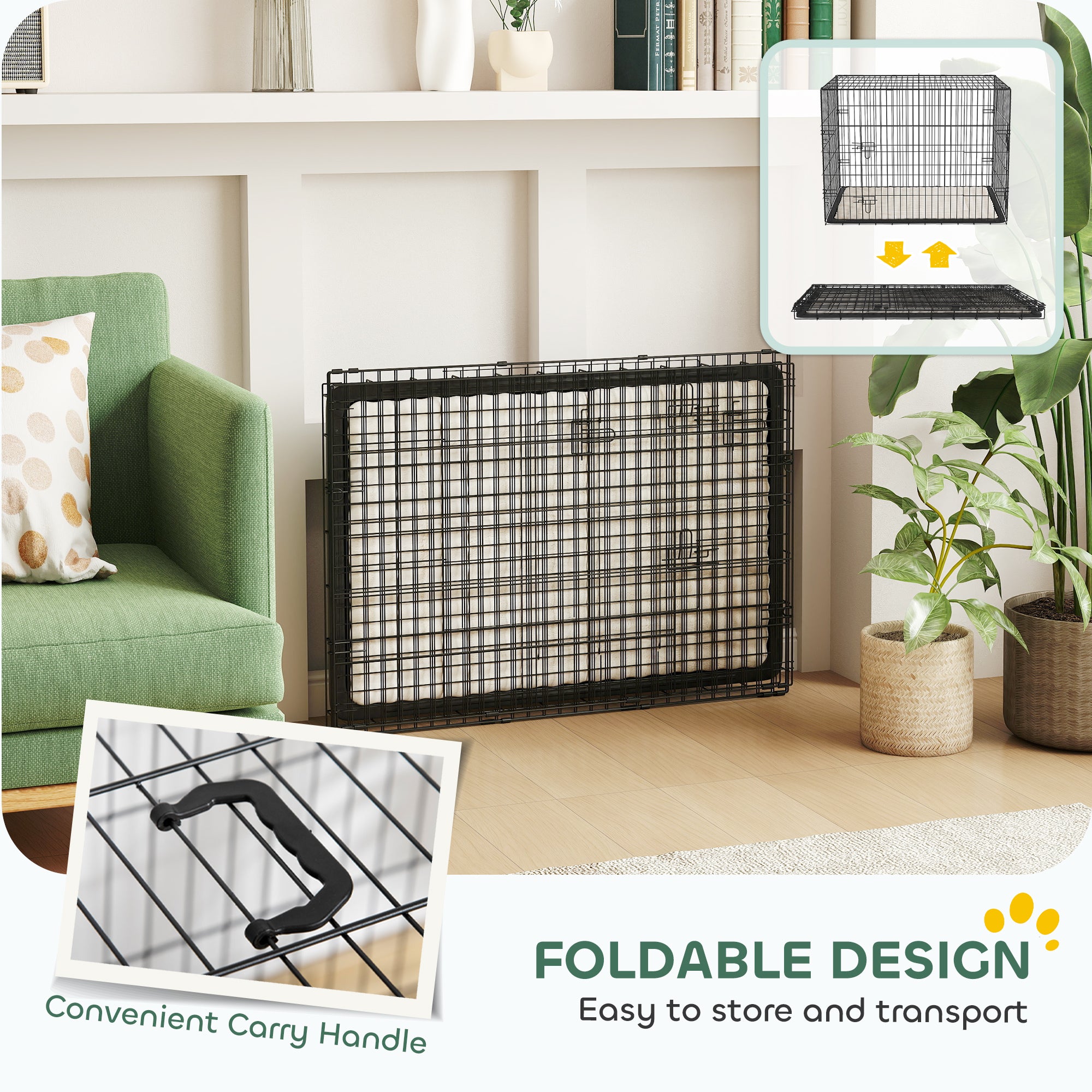 Foldable Dog Crate with 2 Doors with Tray, Soft Cushion, for Large Medium Dogs, 91 x 62 x 68, Black