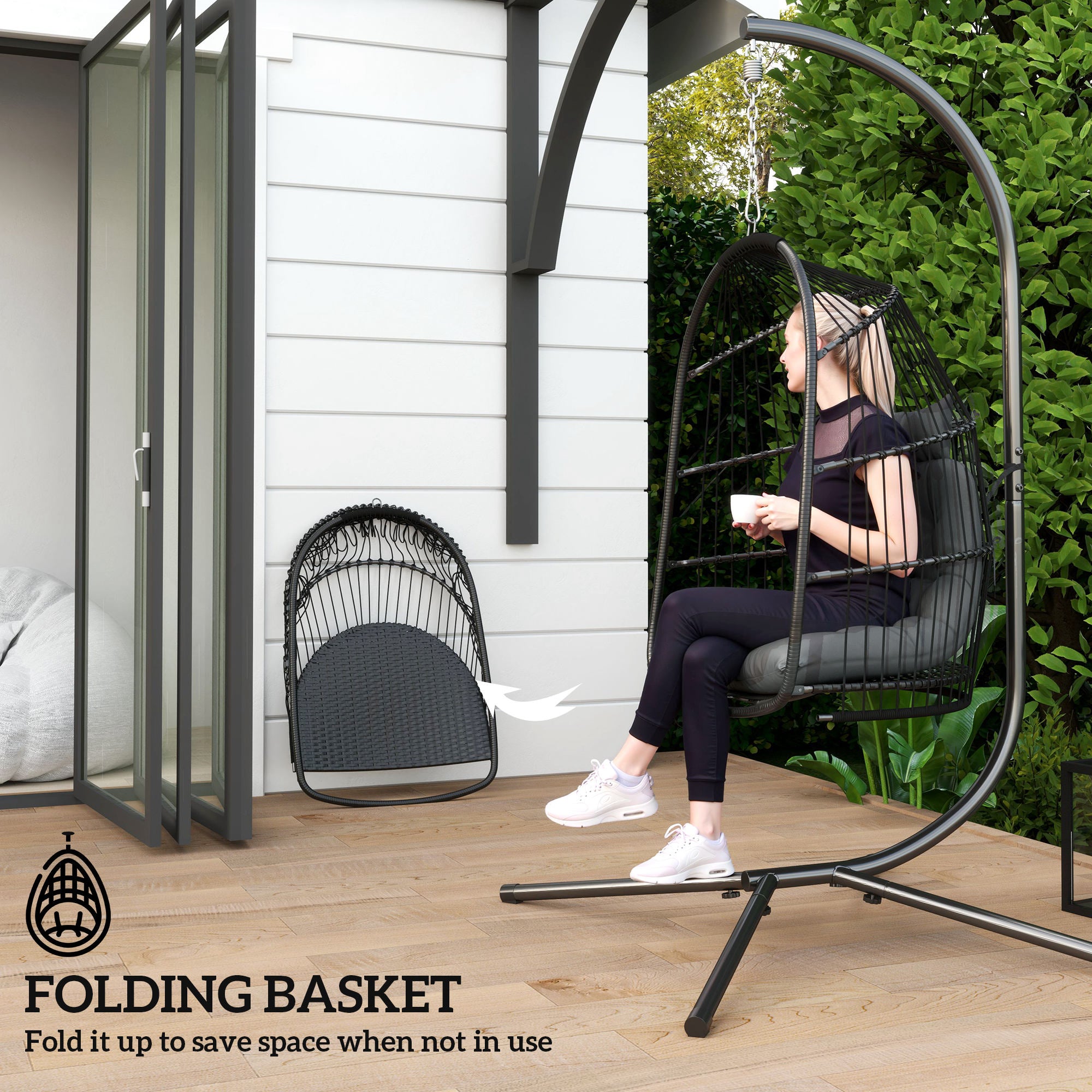 Foldable Hanging Egg Chair with Cushion, Headrest & Installation Kit for Indoor Outdoor - Dark Grey