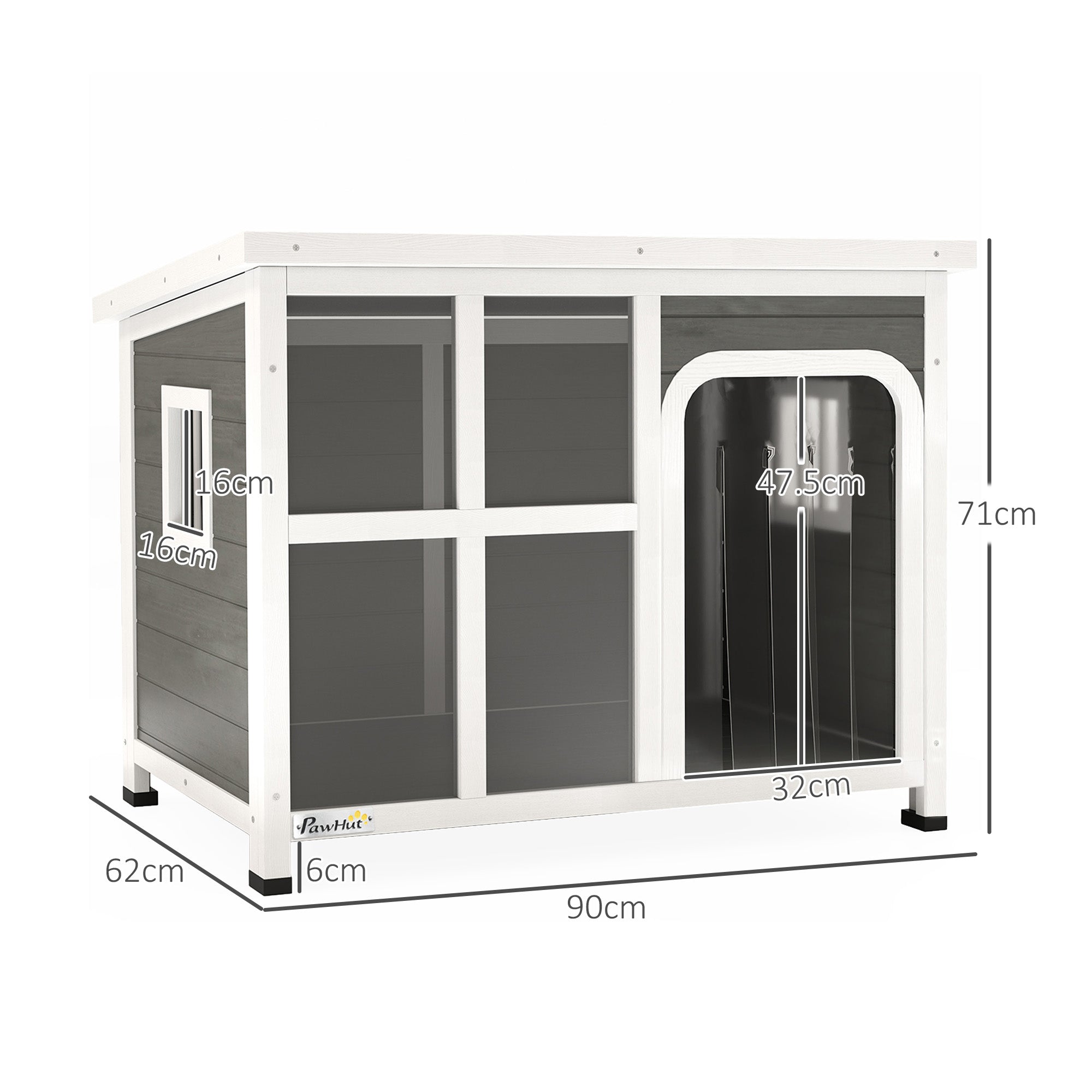 Wooden Dog House Outdoor with Asphalt Openable Top, Removable Floor, Clear Front Panel, Curtain, 90 x 62 x 71cm