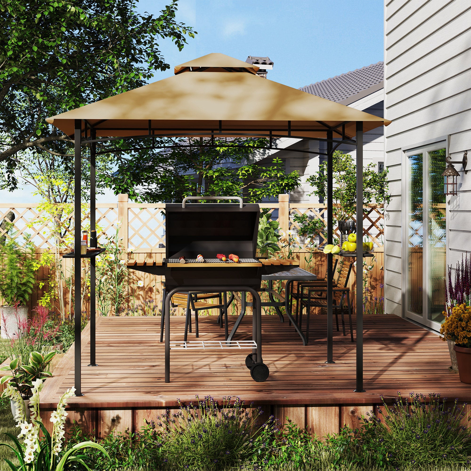 2.5 Metre Double Tiered BBQ Gazebo with Side Shelves - Khaki
